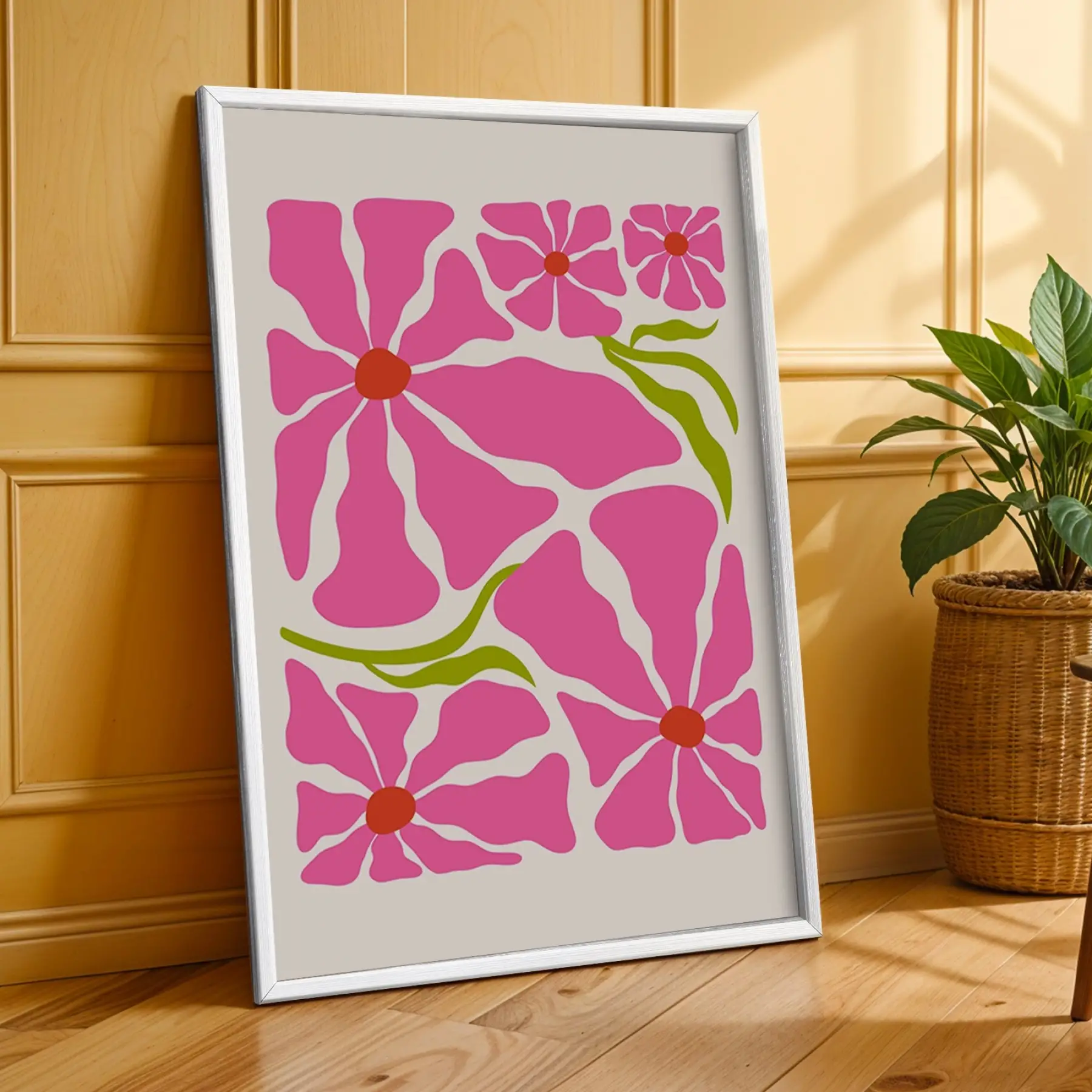 Canlı Pembe Floral Kompozisyon 3lü Beyaz Çerçeveli Tablo Seti Bohem Tablo Duvar Tablo Oda