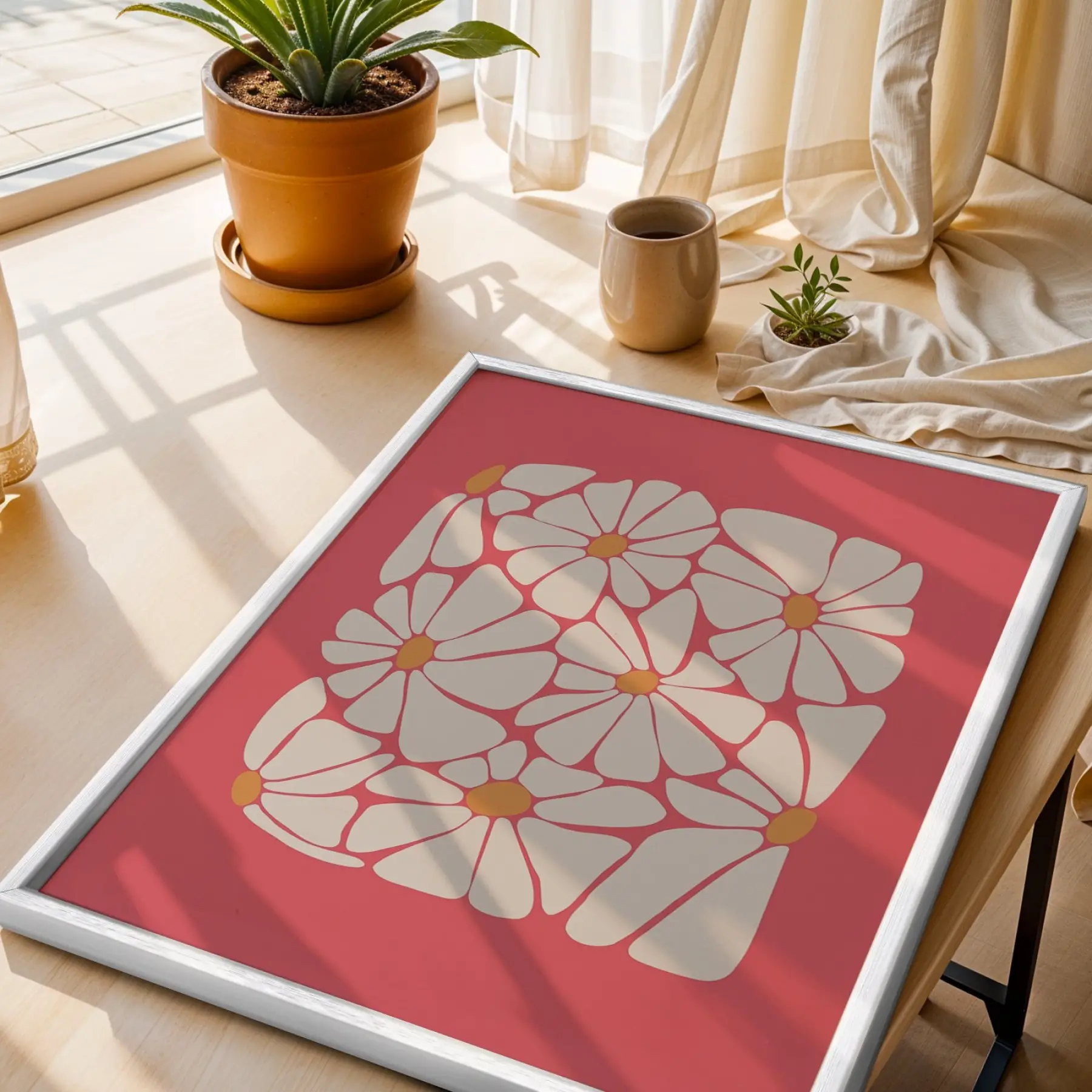Canlı Pembe Floral Kompozisyon 3lü Beyaz Çerçeveli Tablo Seti Bohem Tablo Duvar Tablo Oda