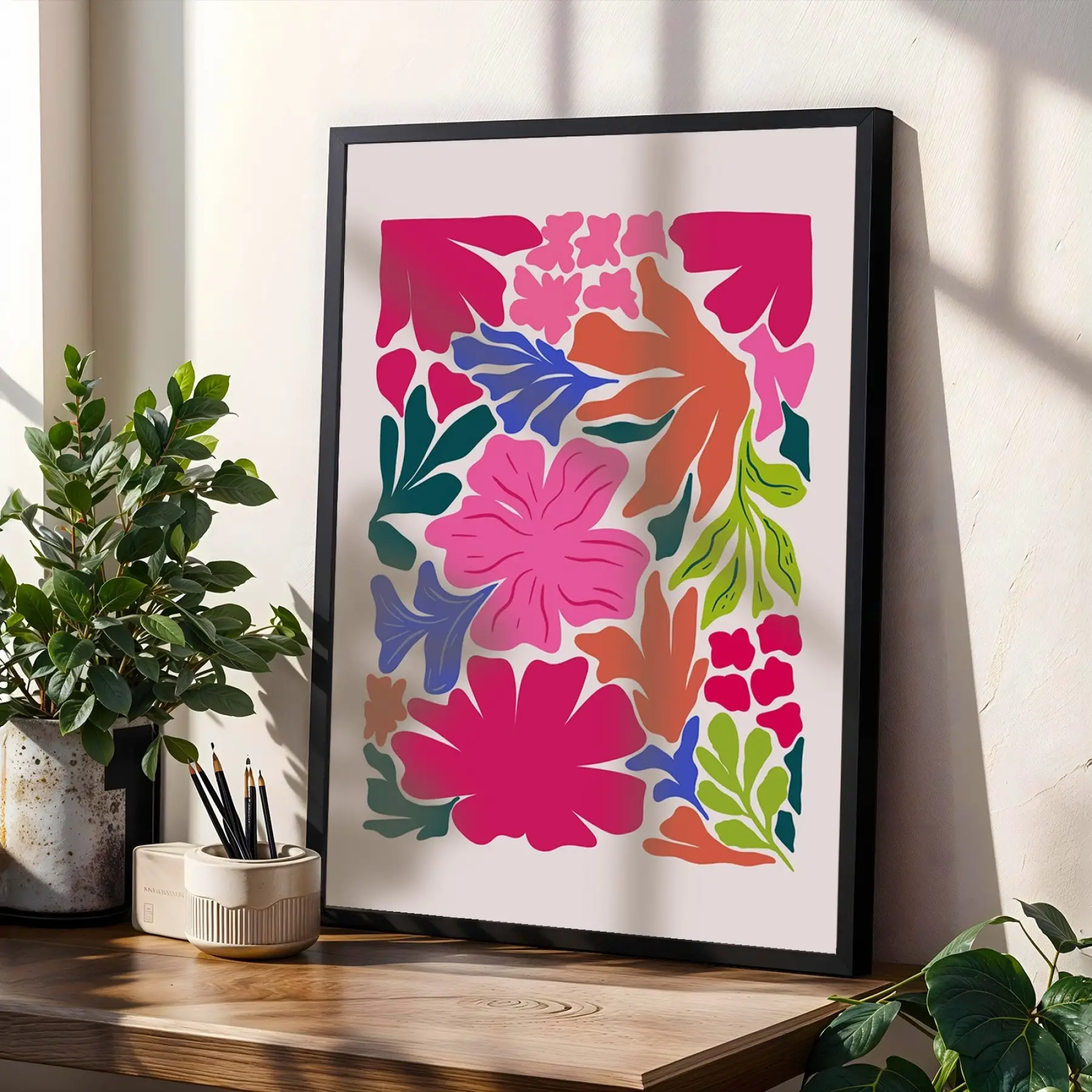 Canlı Pembe Floral Kompozisyon 3lü Siyah Çerçeveli Tablo Seti Bohem Tablo Poster Tablo Resim