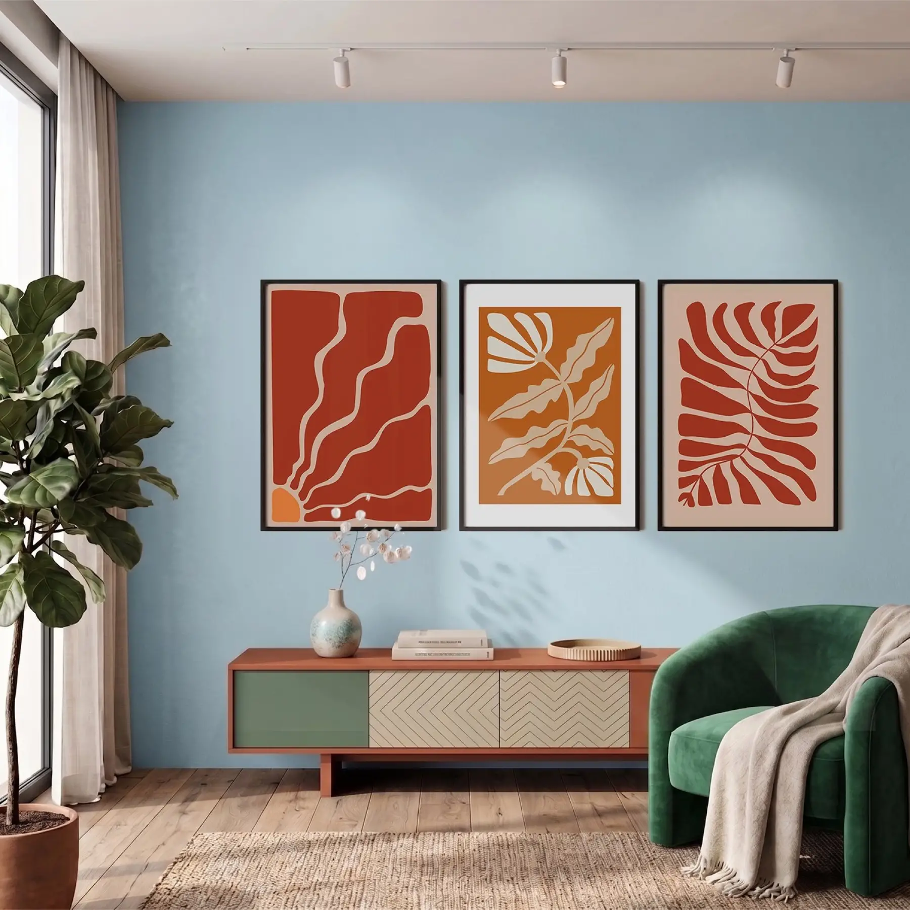 Terracotta Botanik Soyut Üçlü 3lü Siyah Çerçeveli Tablo Seti Bohem Tablo Poster Tablo Duvar Tablo