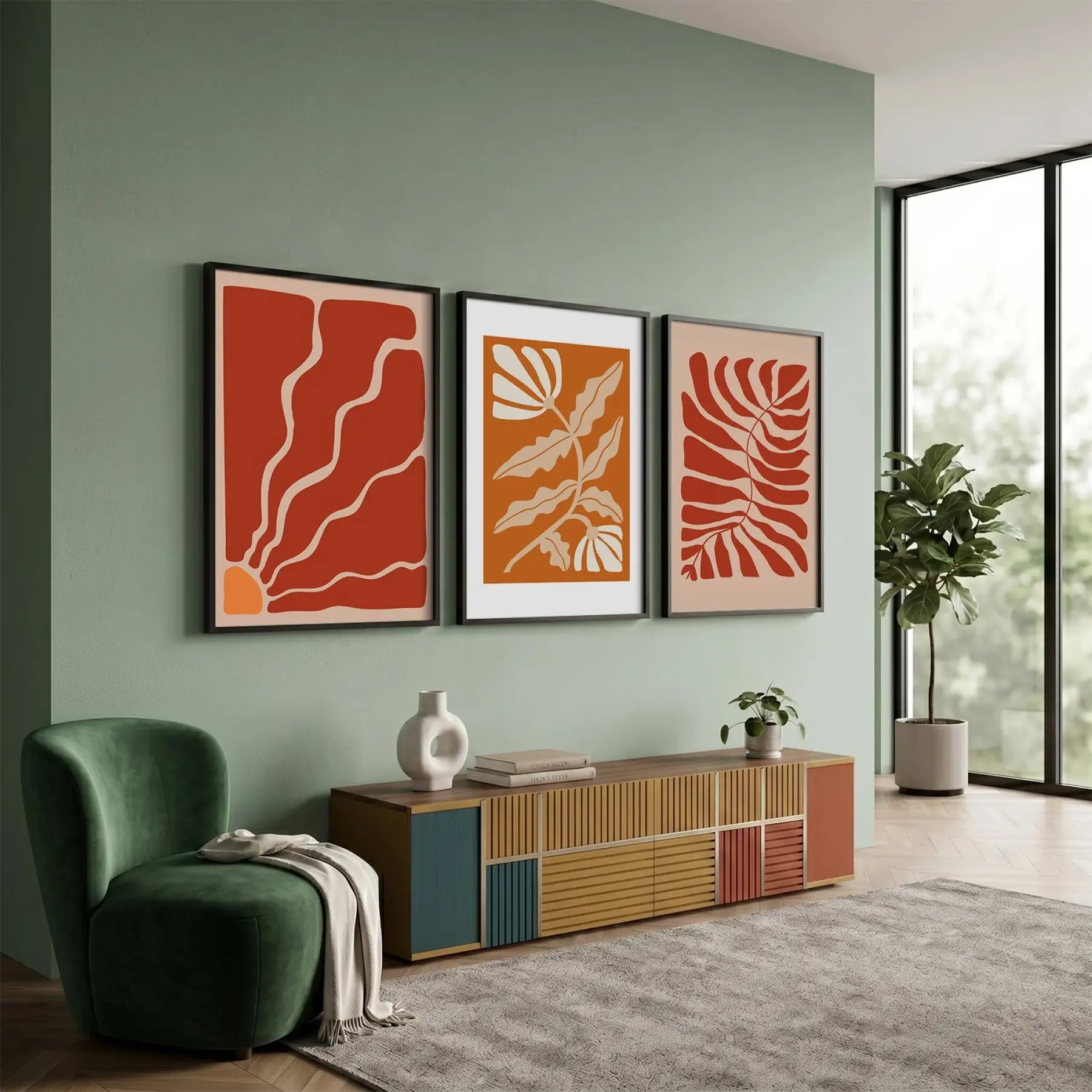 Terracotta Botanik Soyut Üçlü 3lü Siyah Çerçeveli Tablo Seti Bohem Tablo Poster Tablo Duvar Tablo