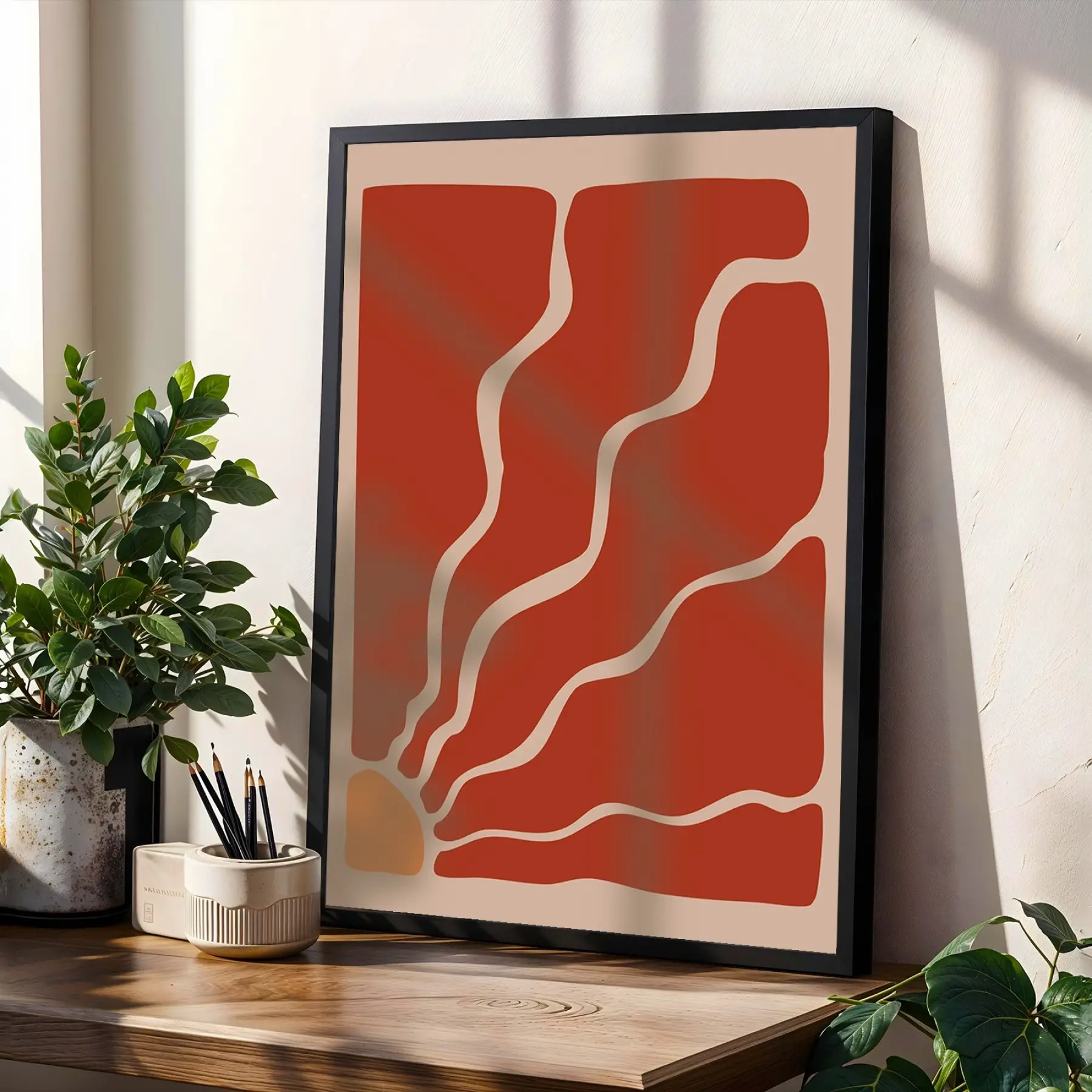 Terracotta Botanik Soyut Üçlü 3lü Siyah Çerçeveli Tablo Seti Bohem Tablo Poster Tablo Duvar Tablo