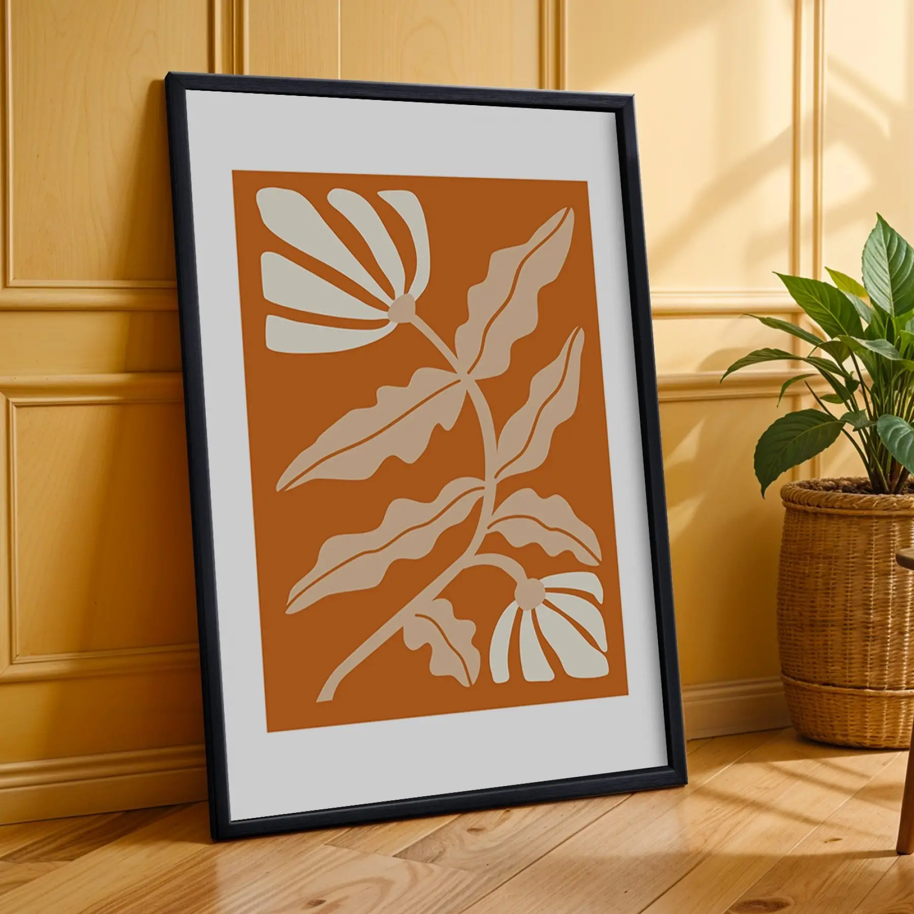 Terracotta Botanik Soyut Üçlü 3lü Siyah Çerçeveli Tablo Seti Bohem Tablo Poster Tablo Duvar Tablo