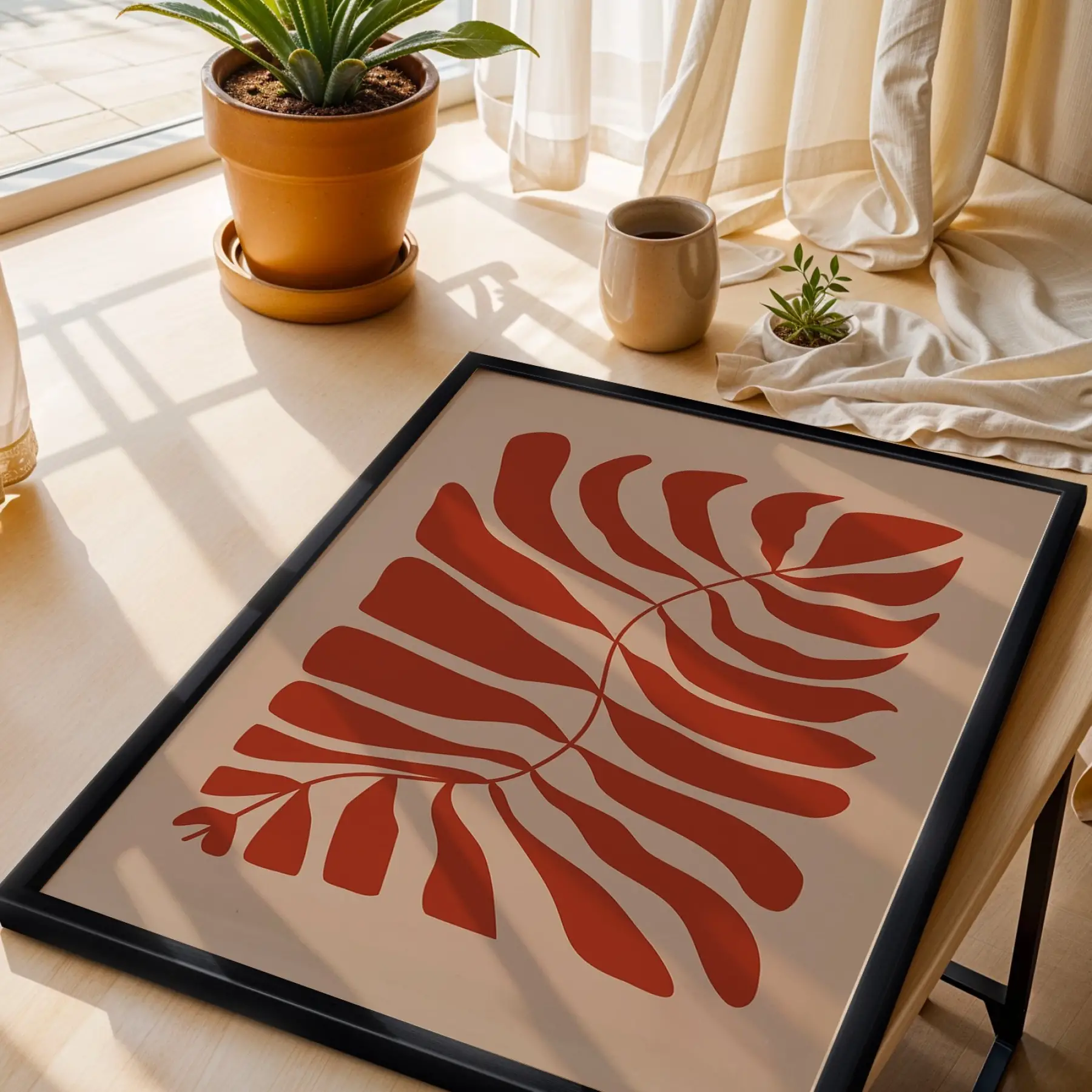 Terracotta Botanik Soyut Üçlü 3lü Siyah Çerçeveli Tablo Seti Bohem Tablo Poster Tablo Duvar Tablo