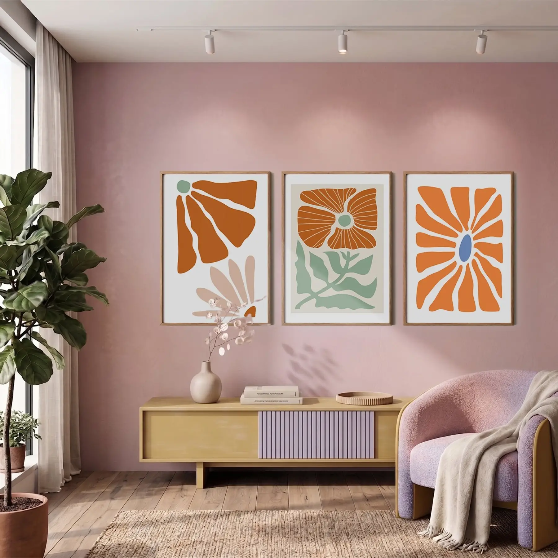 Terracotta Botanik Soyut 3lü Ahşap Çerçeveli Tablo Seti Bohem Tablo Poster Tablo Resim Çerçevesi