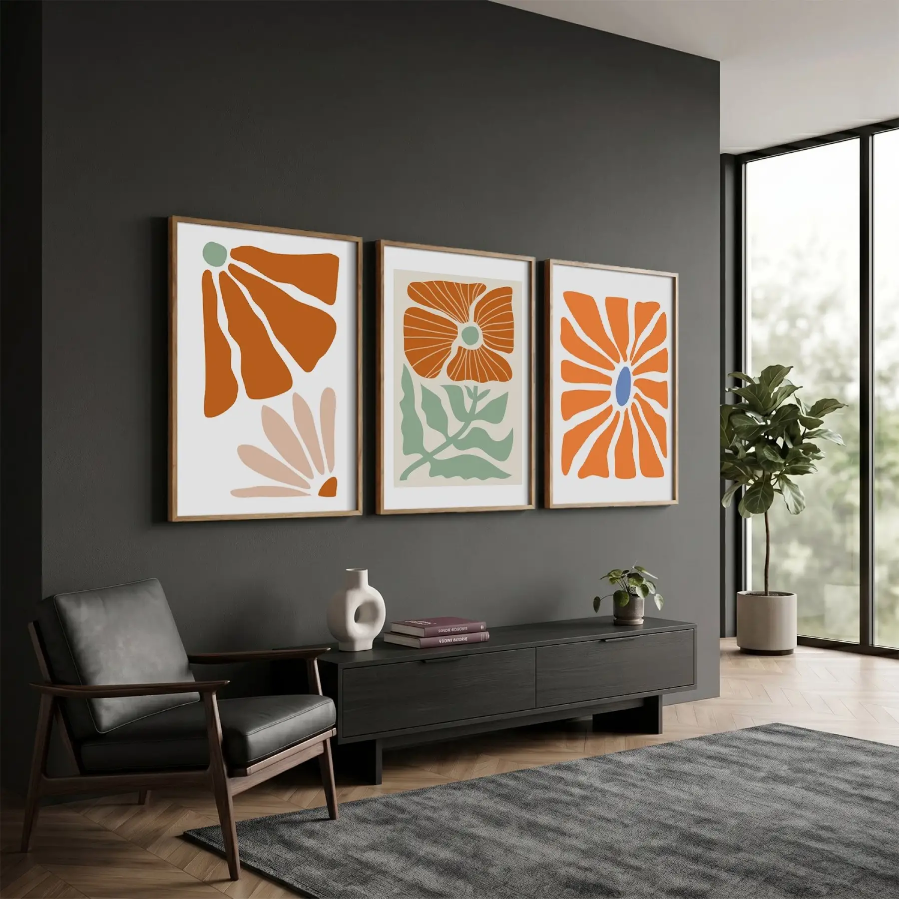Terracotta Botanik Soyut 3lü Ahşap Çerçeveli Tablo Seti Bohem Tablo Poster Tablo Resim Çerçevesi