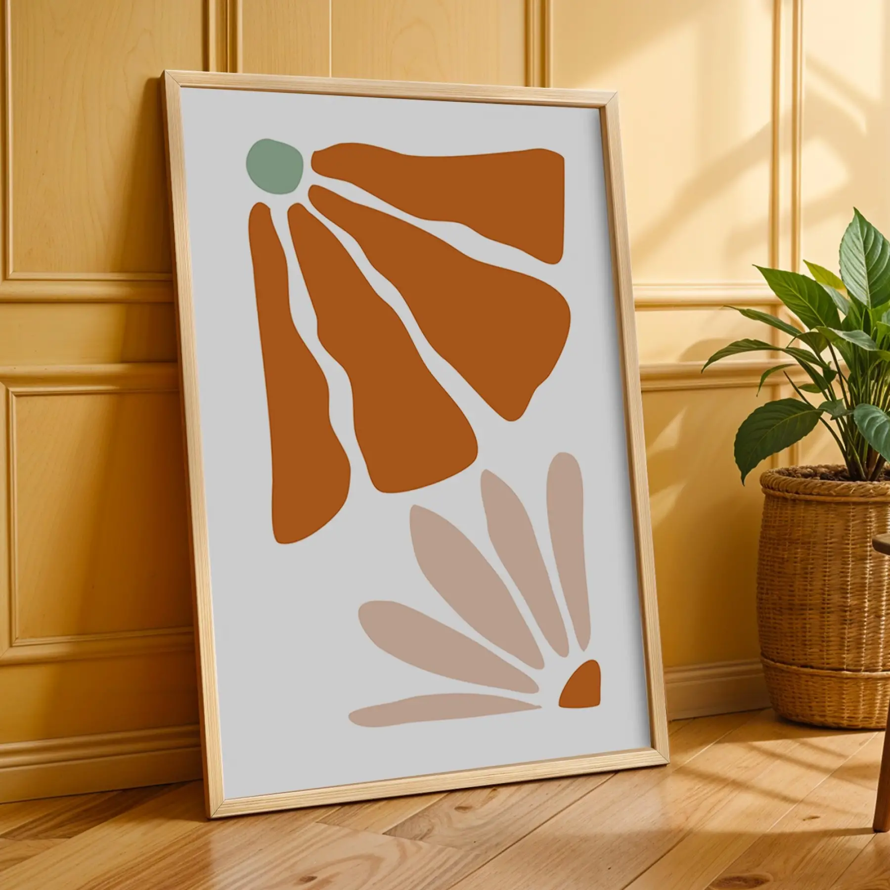 Terracotta Botanik Soyut 3lü Ahşap Çerçeveli Tablo Seti Bohem Tablo Poster Tablo Resim Çerçevesi