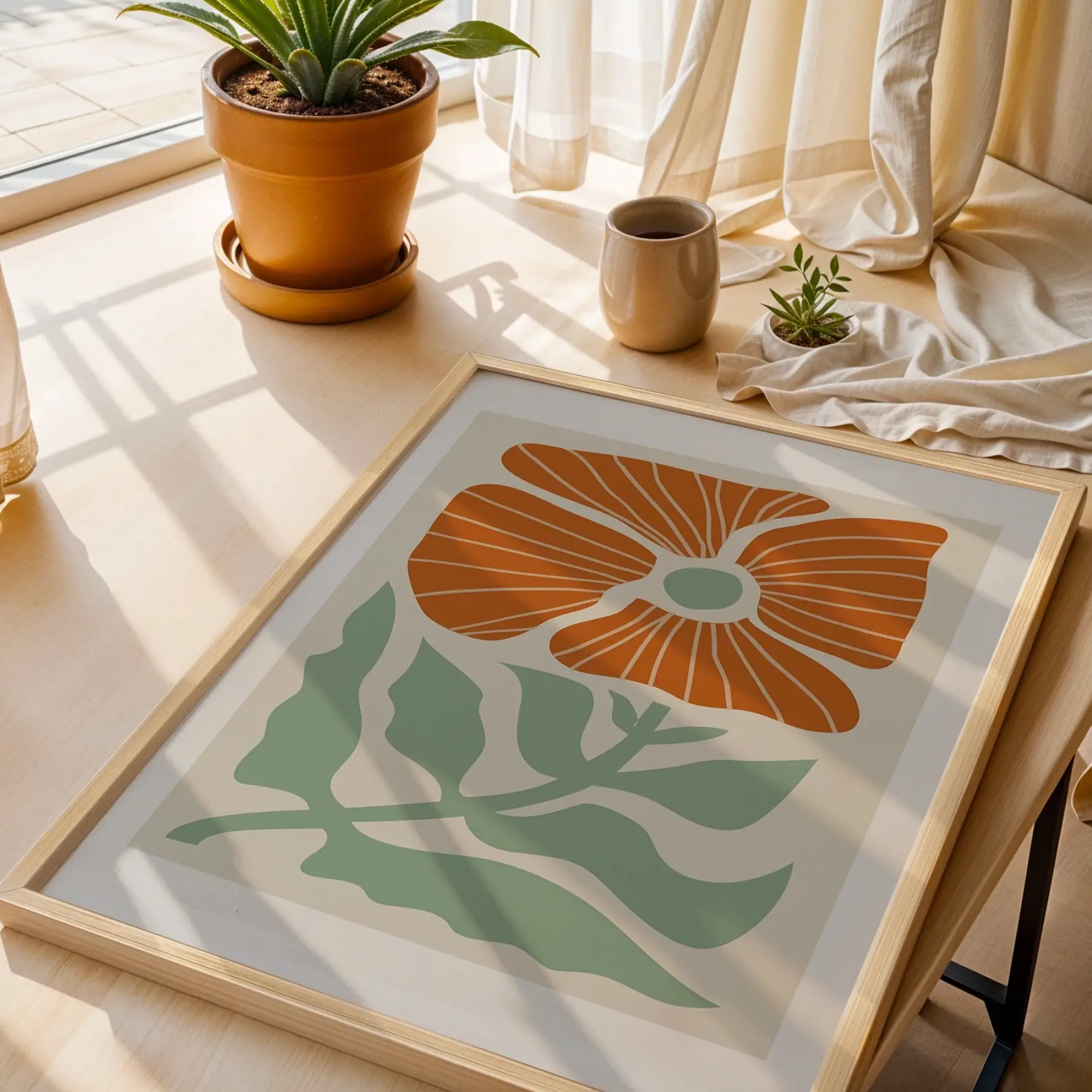 Terracotta Botanik Soyut 3lü Ahşap Çerçeveli Tablo Seti Bohem Tablo Poster Tablo Resim Çerçevesi