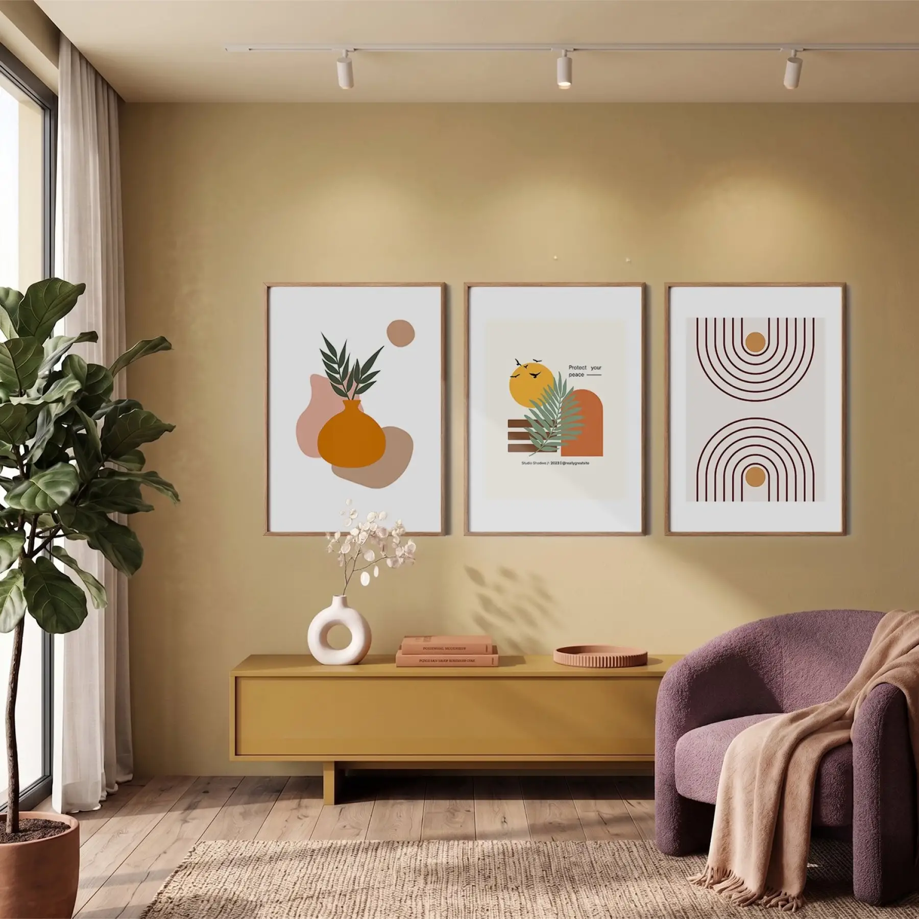 Bohem Toprak Tonları Tablo 3lü Ahşap Çerçeveli Tablo Seti Bohem Tablo Salon Duvar Tablo Poster