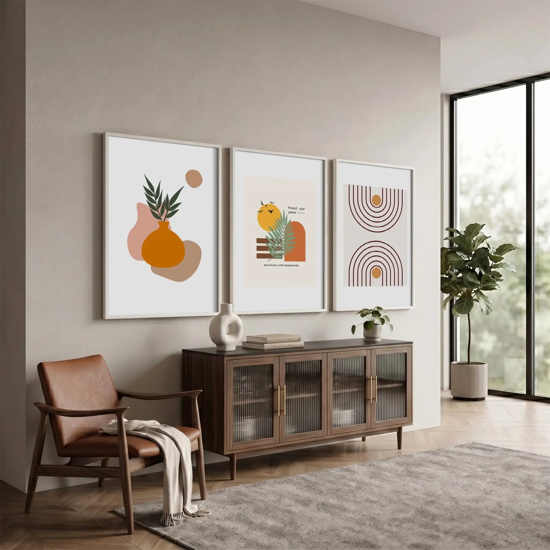 Bohem Toprak Tonları Tablo 3lü Beyaz Çerçeveli Tablo Seti Bohem Tablo Salon Duvar Tablo Poster