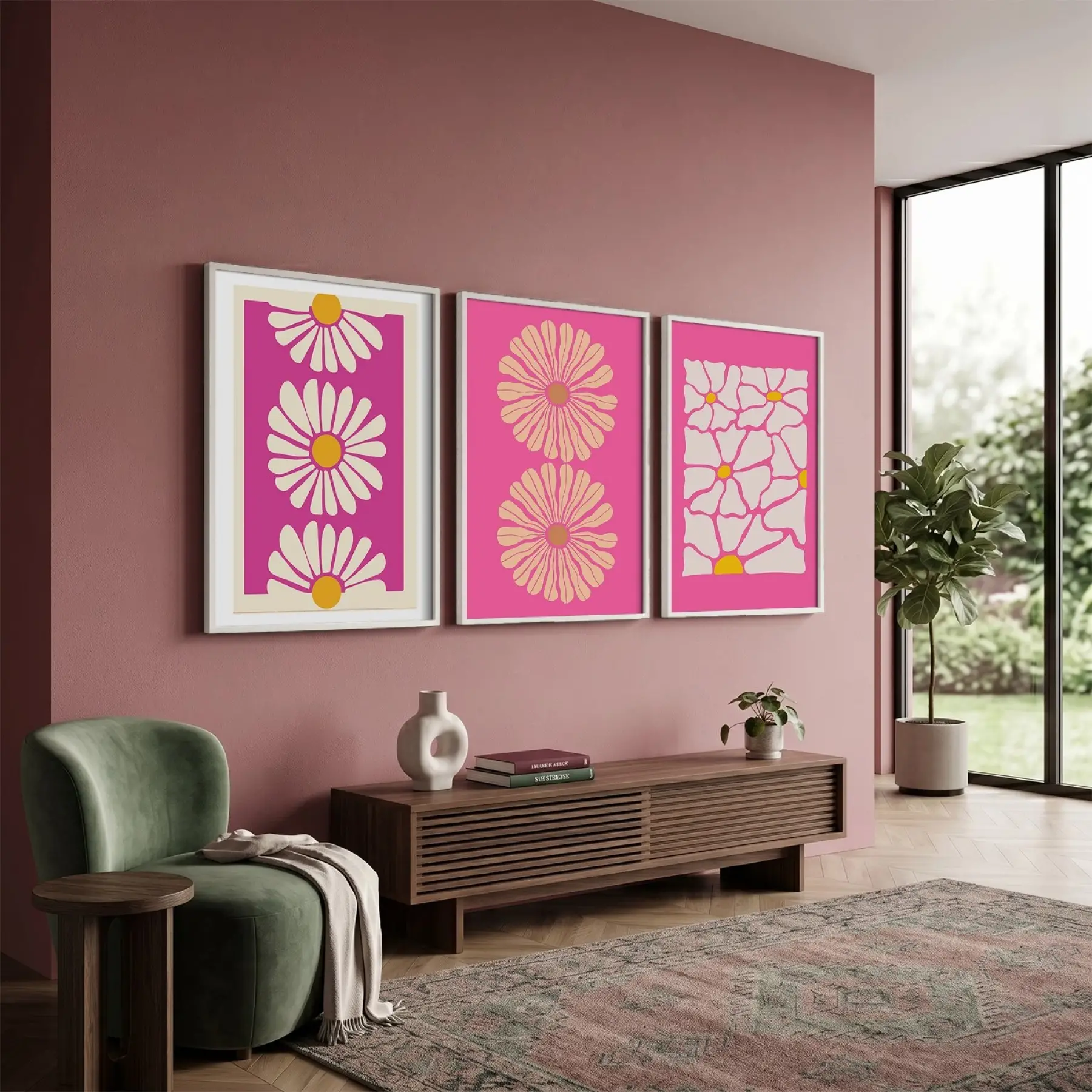 Fuşya Papatya Rüyası 3lü Beyaz Çerçeveli Tablo Seti Poster Tablo Resim Çerçevesi Dekoratif Obje