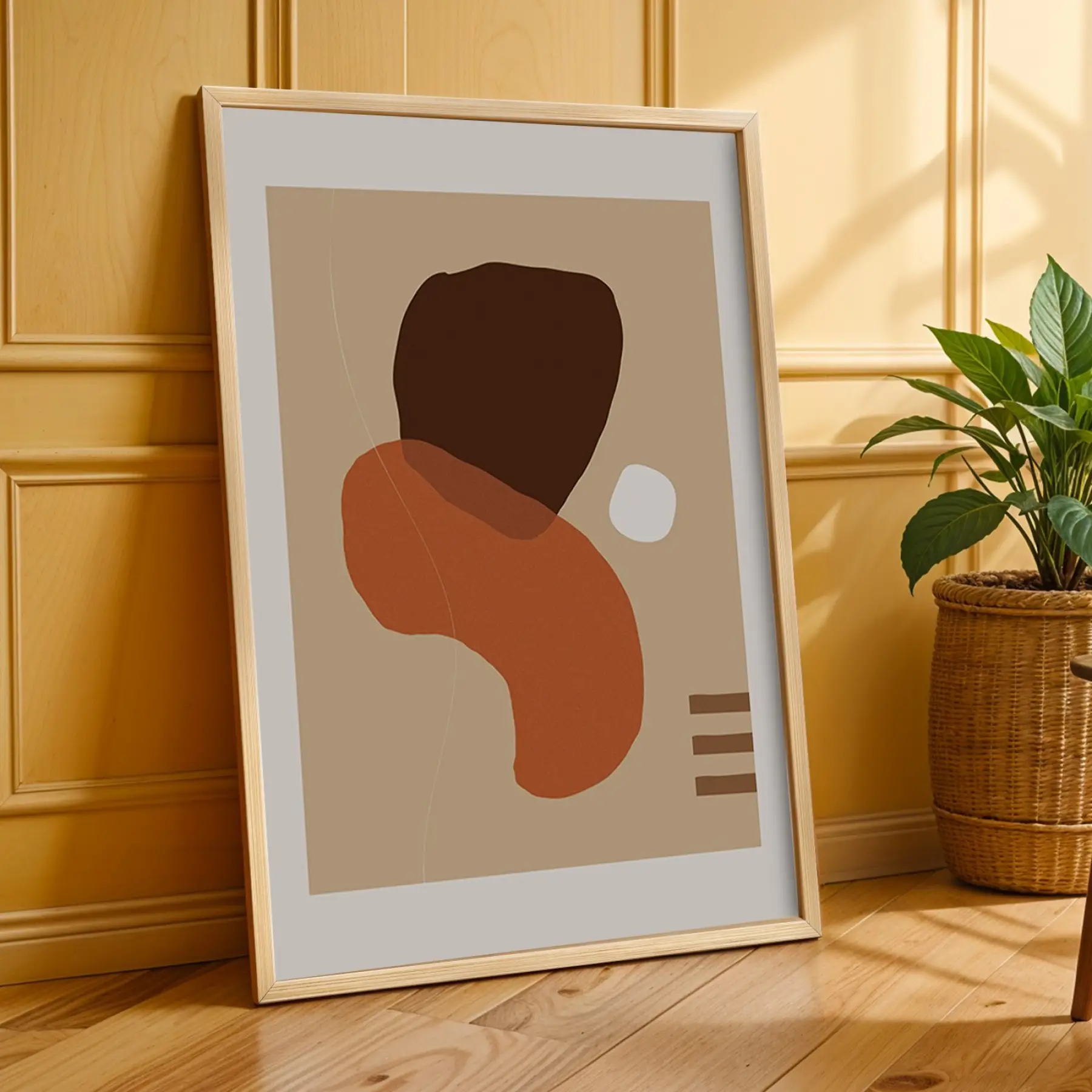 Toprak Tonları Organik Soyutlar 3lü Ahşap Çerçeveli Tablo Seti Poster Tablo Resim Çerçevesi