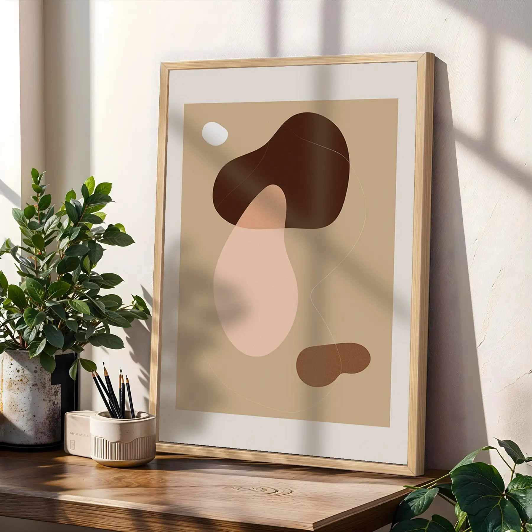 Toprak Tonları Organik Soyutlar 3lü Ahşap Çerçeveli Tablo Seti Poster Tablo Resim Çerçevesi