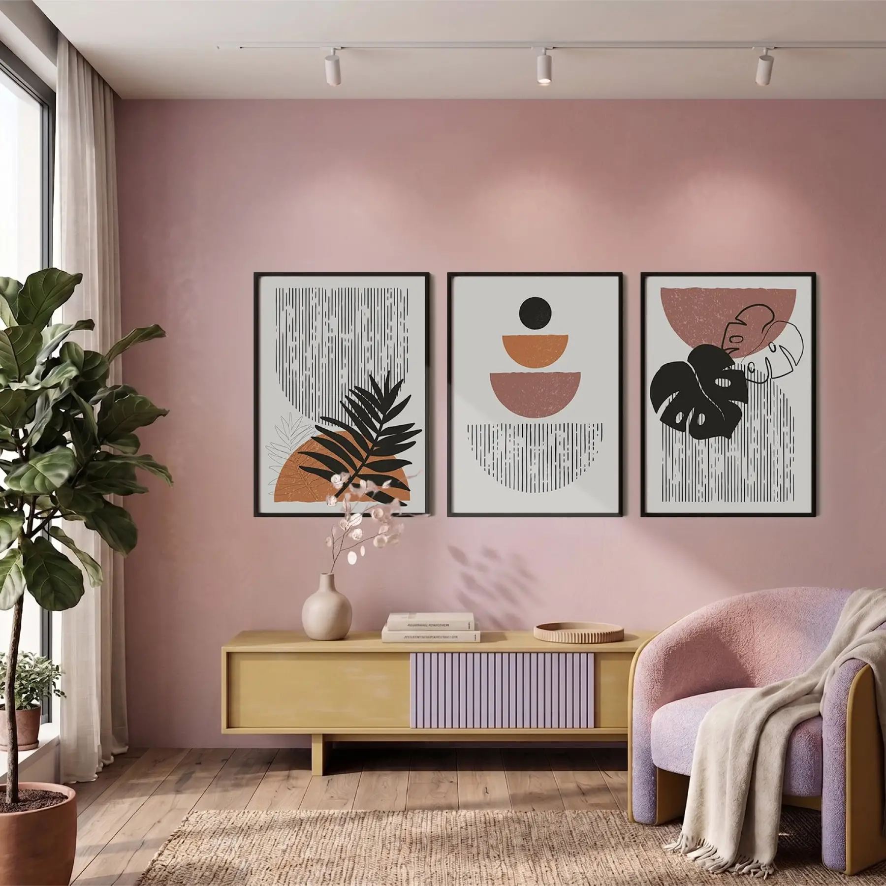 Toprak Tonları Botanik Soyut 3lü Siyah Çerçeveli Tablo Seti Bohem Tablo Salon Duvar Tablo Poster