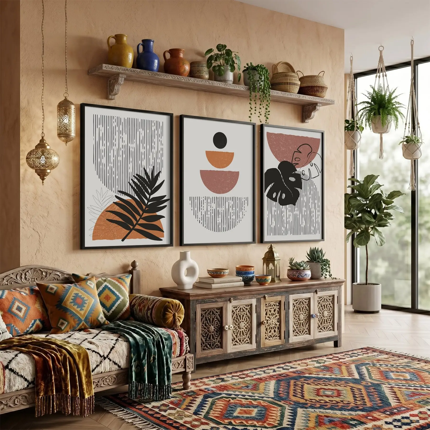 Toprak Tonları Botanik Soyut 3lü Siyah Çerçeveli Tablo Seti Bohem Tablo Salon Duvar Tablo Poster