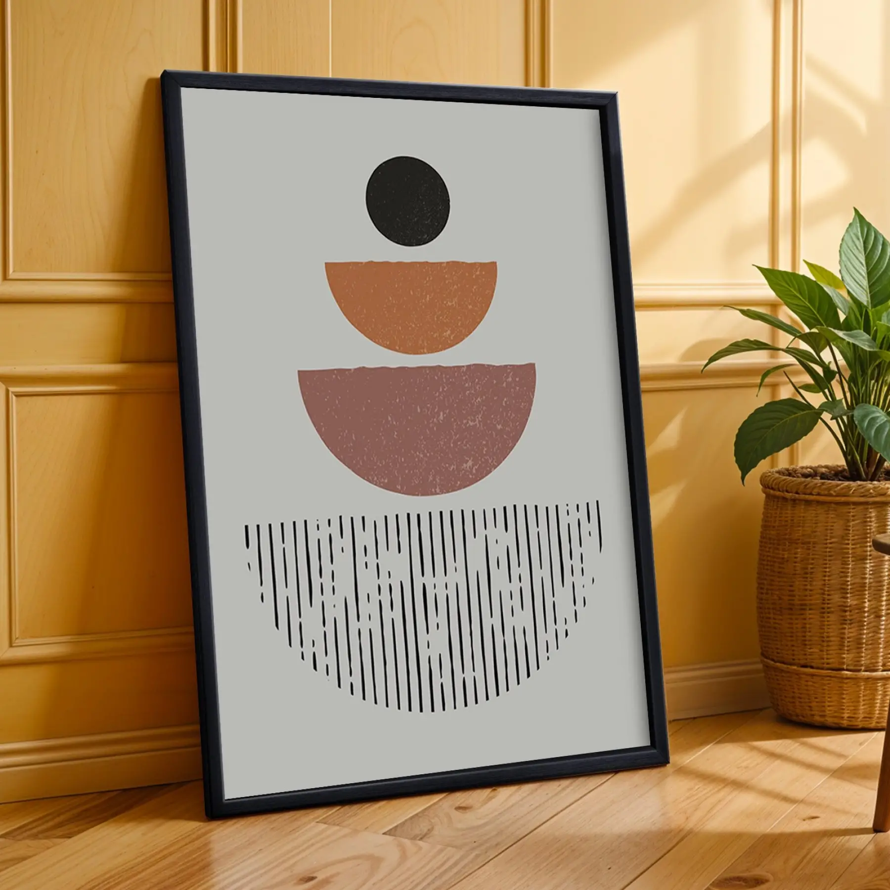 Toprak Tonları Botanik Soyut 3lü Siyah Çerçeveli Tablo Seti Bohem Tablo Salon Duvar Tablo Poster