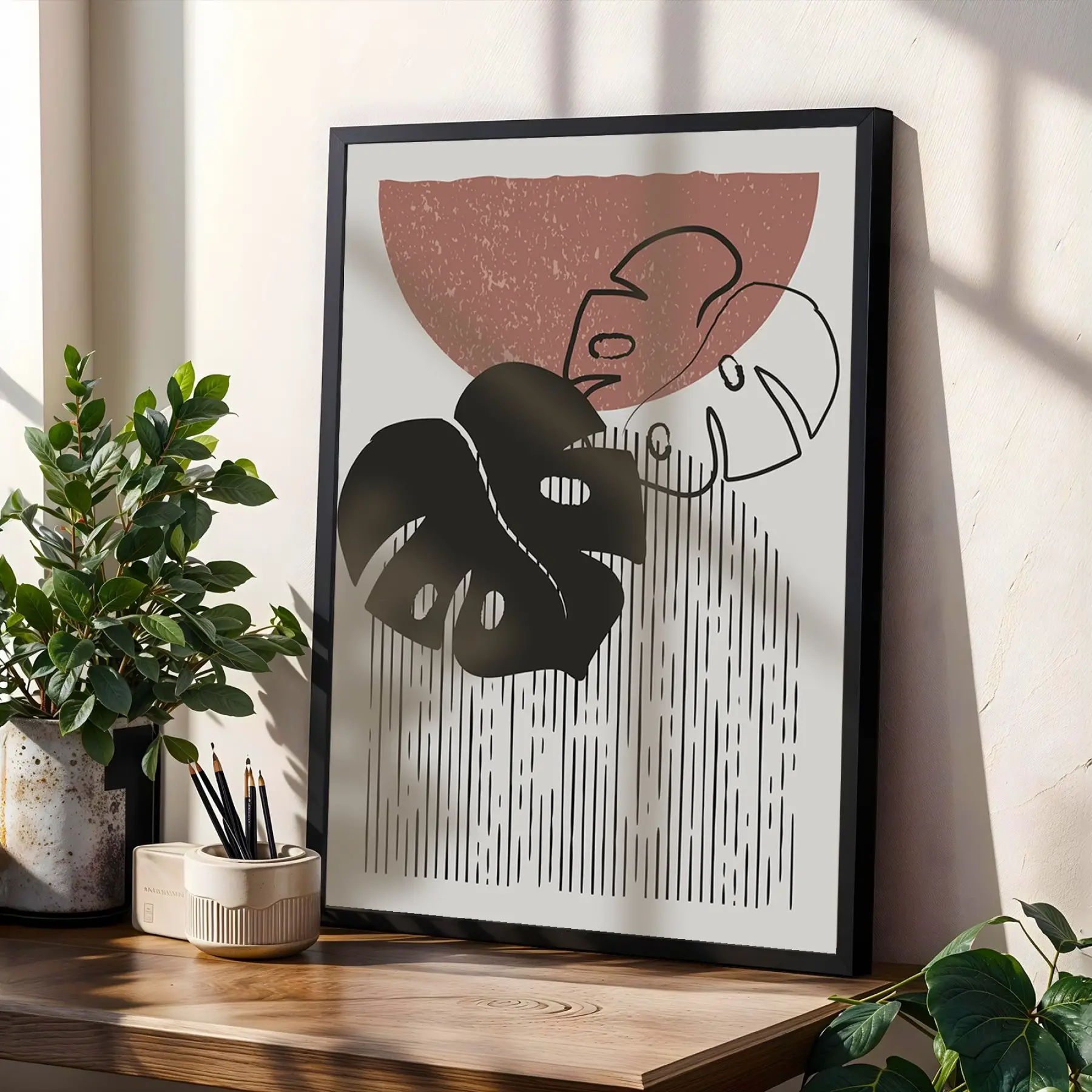 Toprak Tonları Botanik Soyut 3lü Siyah Çerçeveli Tablo Seti Bohem Tablo Salon Duvar Tablo Poster