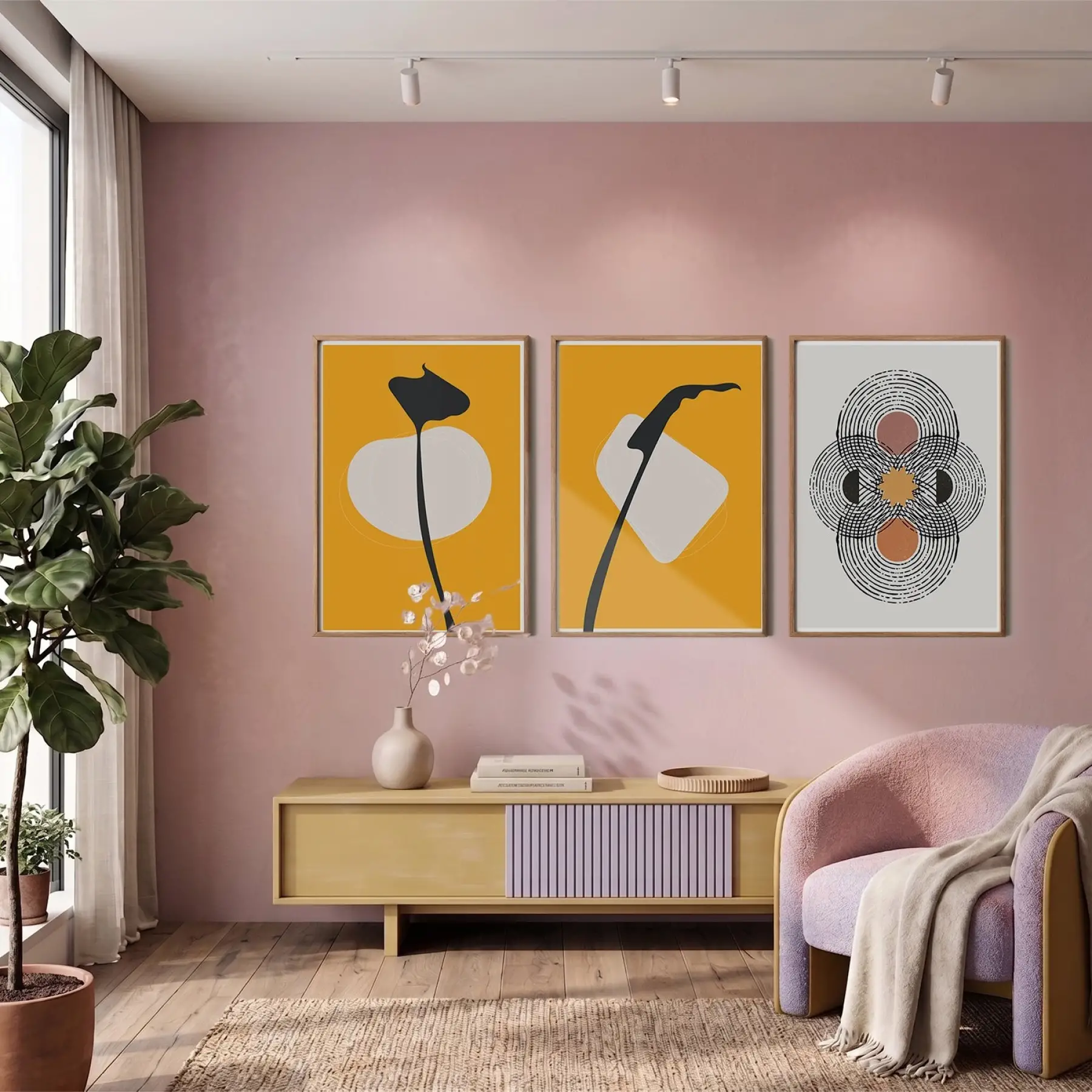 Hardal Sarısı Soyut Formlar 3lü Ahşap Çerçeveli Tablo Seti Poster Tablo Duvar Tablo Ev Dekorasyonu