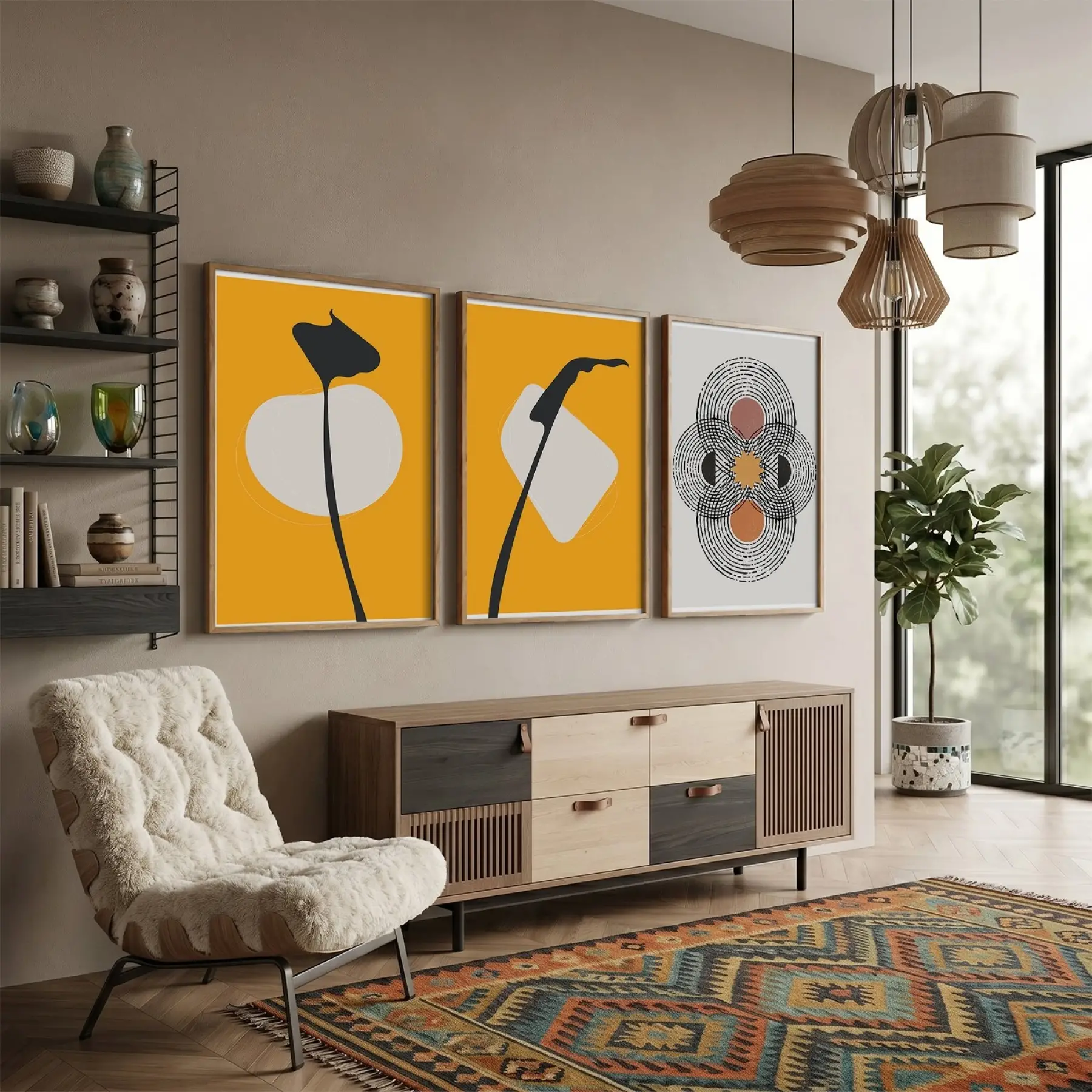 Hardal Sarısı Soyut Formlar 3lü Ahşap Çerçeveli Tablo Seti Poster Tablo Duvar Tablo Ev Dekorasyonu