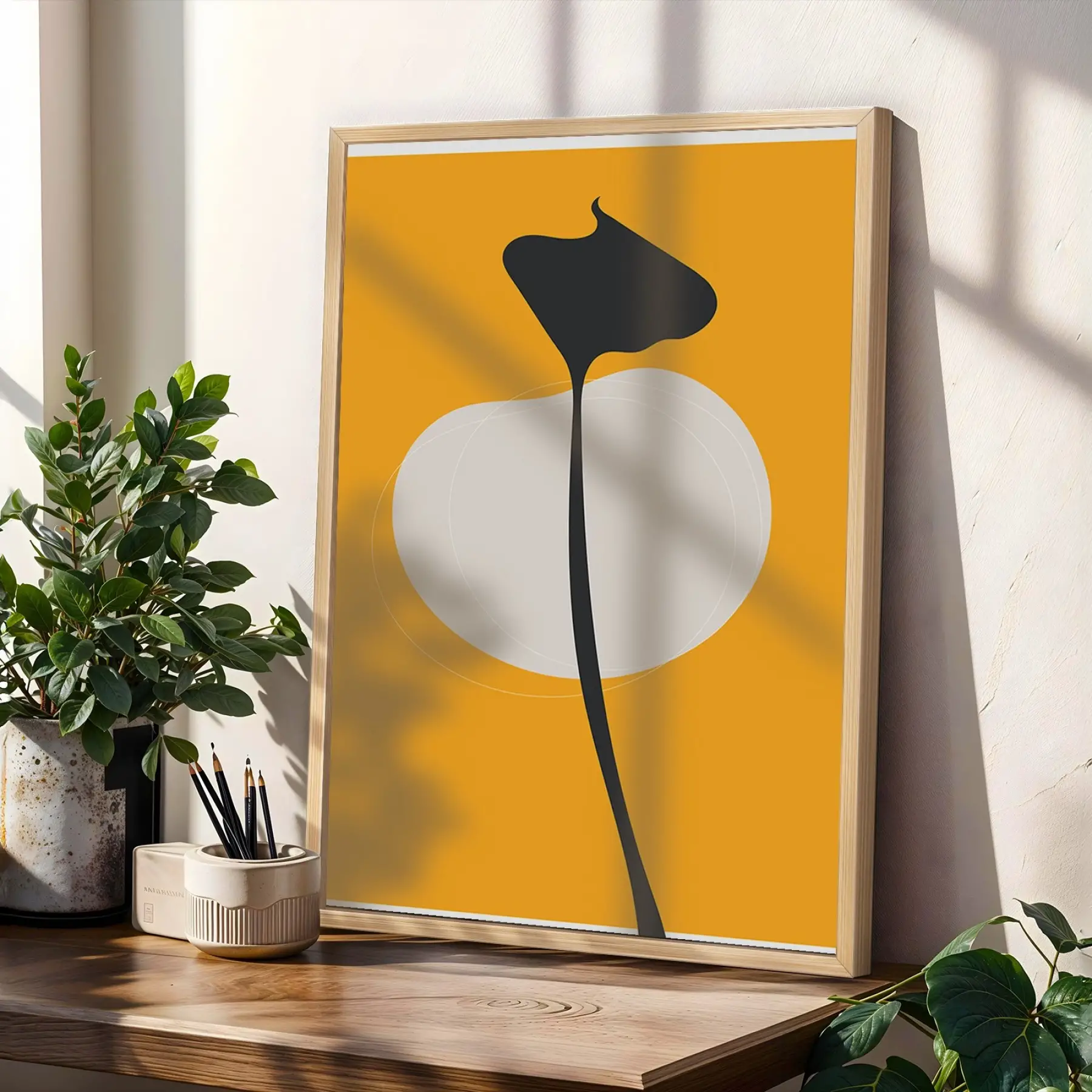 Hardal Sarısı Soyut Formlar 3lü Ahşap Çerçeveli Tablo Seti Poster Tablo Duvar Tablo Ev Dekorasyonu