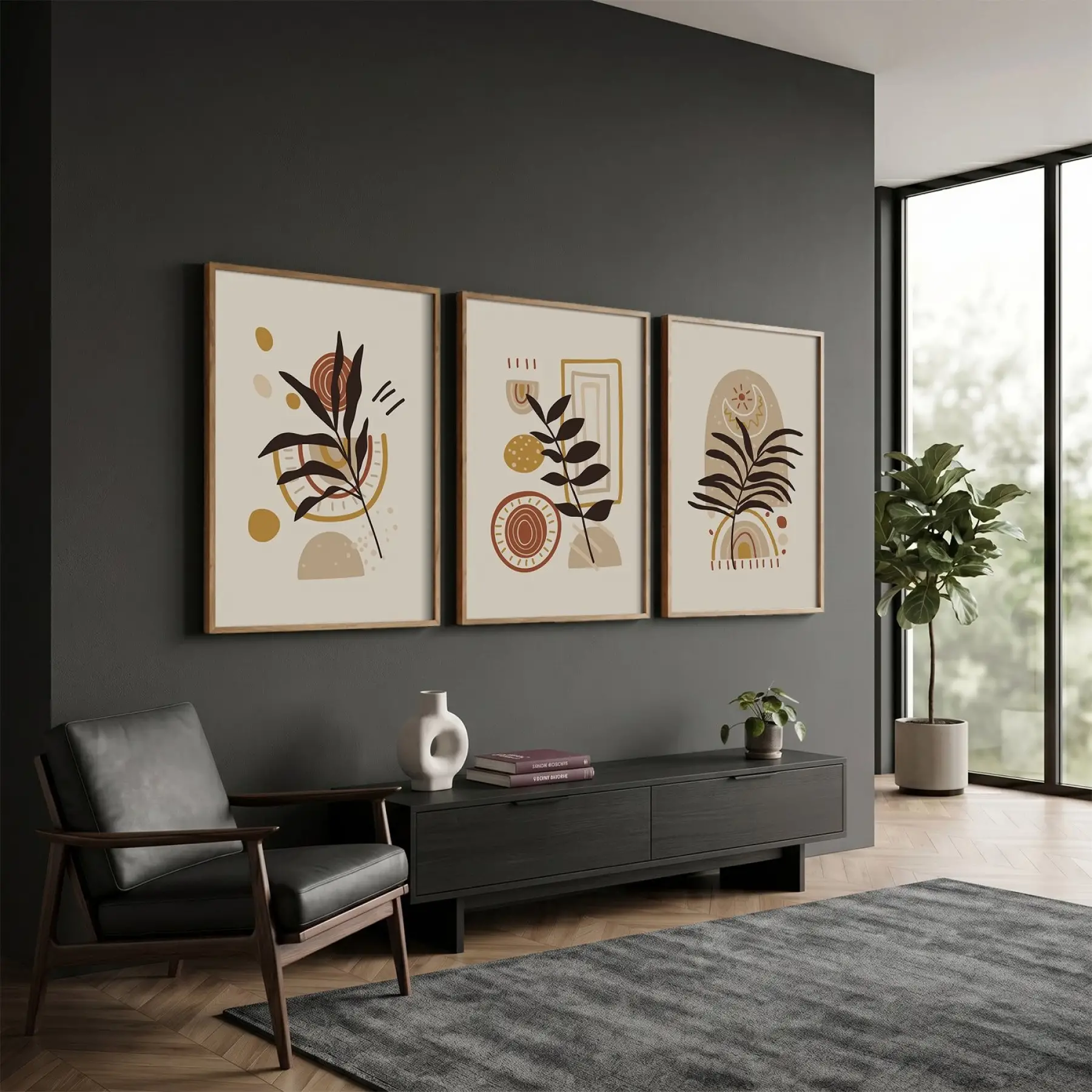 Soyut Toprak Tonları Yapraklar 3lü Ahşap Çerçeveli Tablo Seti Tablo Çerçeve Salon Duvar Tablo Dekor