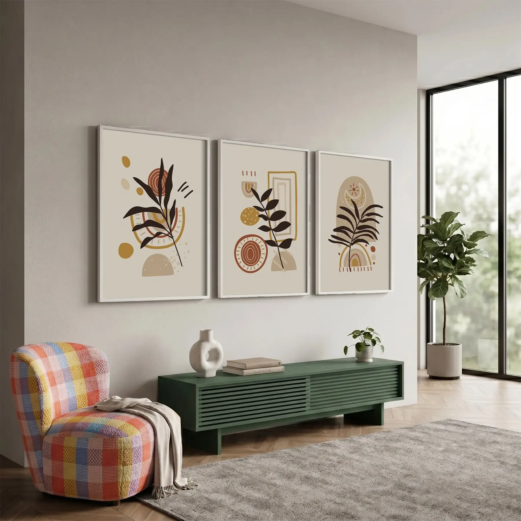 Soyut Toprak Tonları Yapraklar 3lü Beyaz Çerçeveli Tablo Seti Poster Tablo Resim Çerçevesi