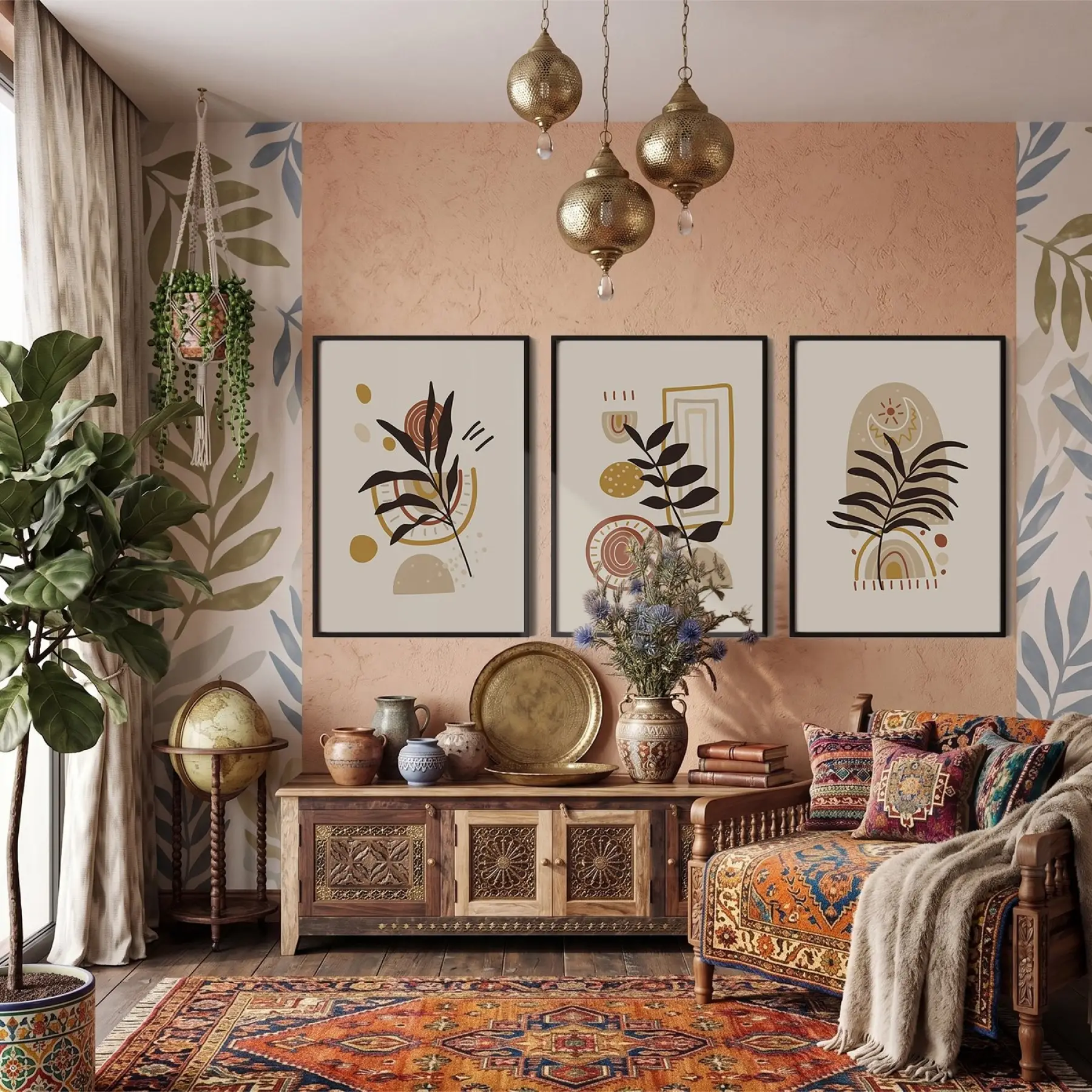 Soyut Toprak Tonları Yapraklar 3lü Siyah Çerçeveli Tablo Seti Salon Duvar Tablo Poster Tablo