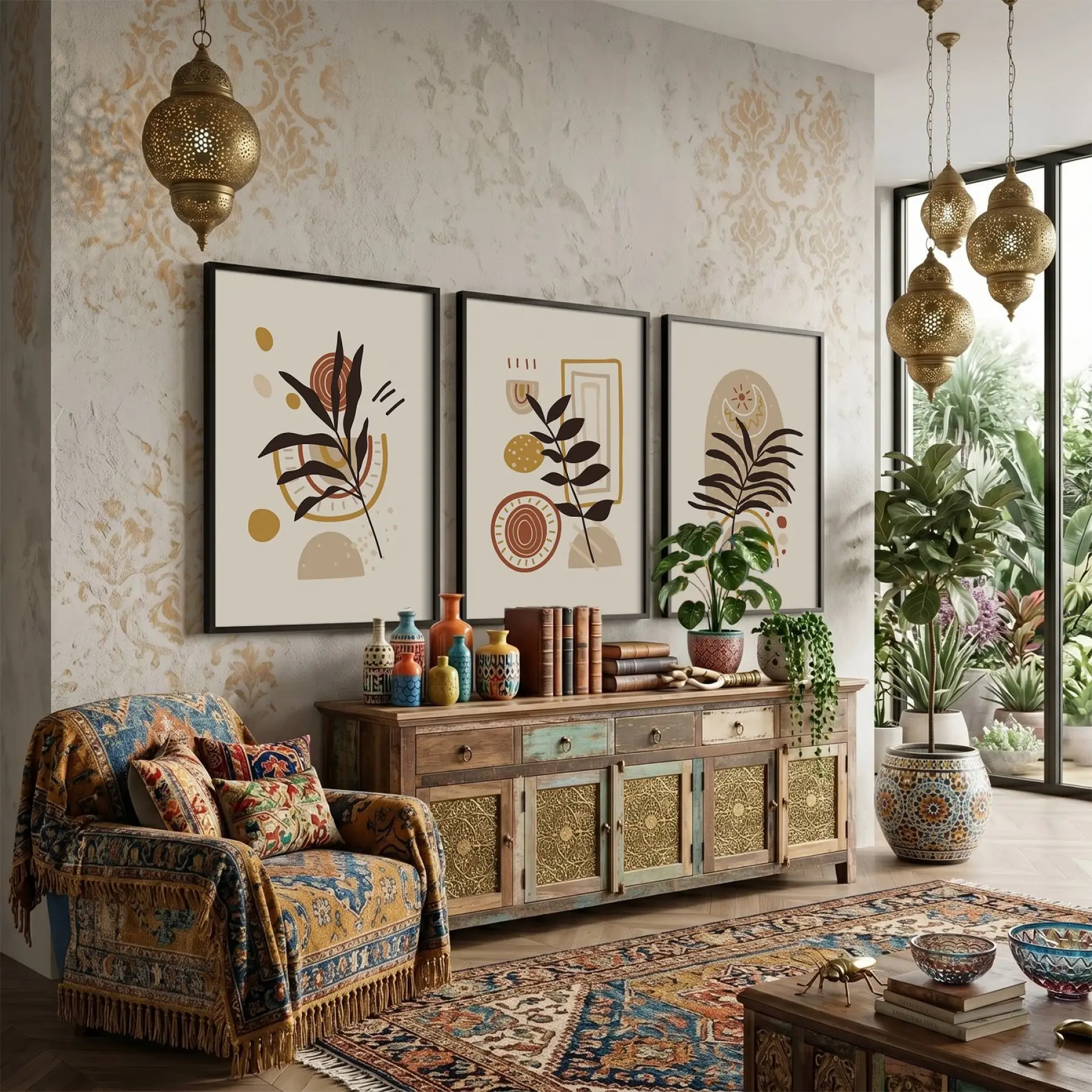 Soyut Toprak Tonları Yapraklar 3lü Siyah Çerçeveli Tablo Seti Salon Duvar Tablo Poster Tablo
