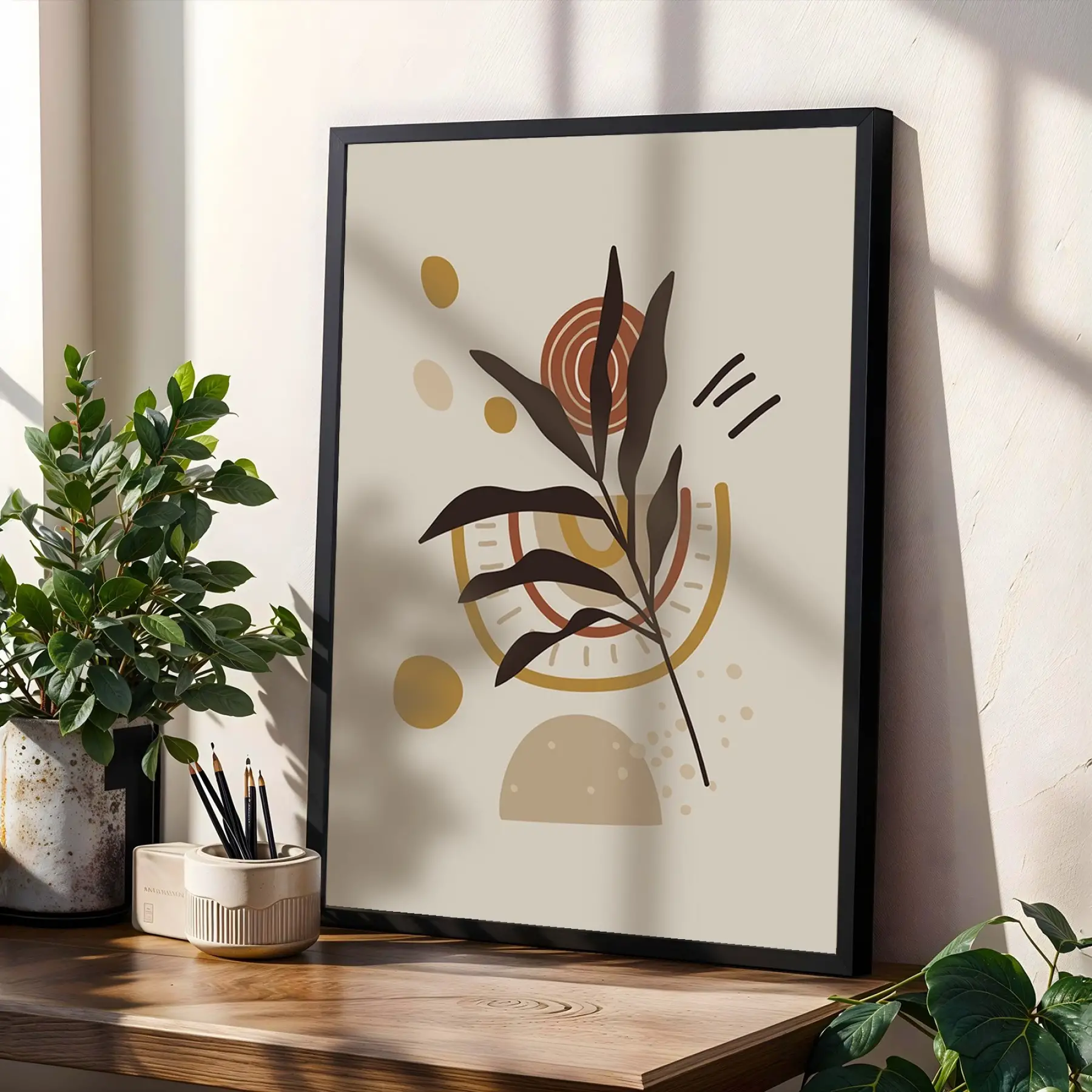 Soyut Toprak Tonları Yapraklar 3lü Siyah Çerçeveli Tablo Seti Salon Duvar Tablo Poster Tablo
