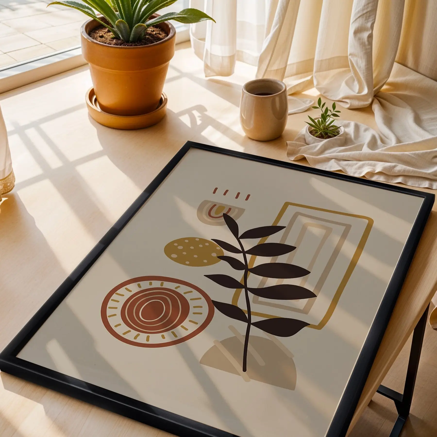 Soyut Toprak Tonları Yapraklar 3lü Siyah Çerçeveli Tablo Seti Salon Duvar Tablo Poster Tablo