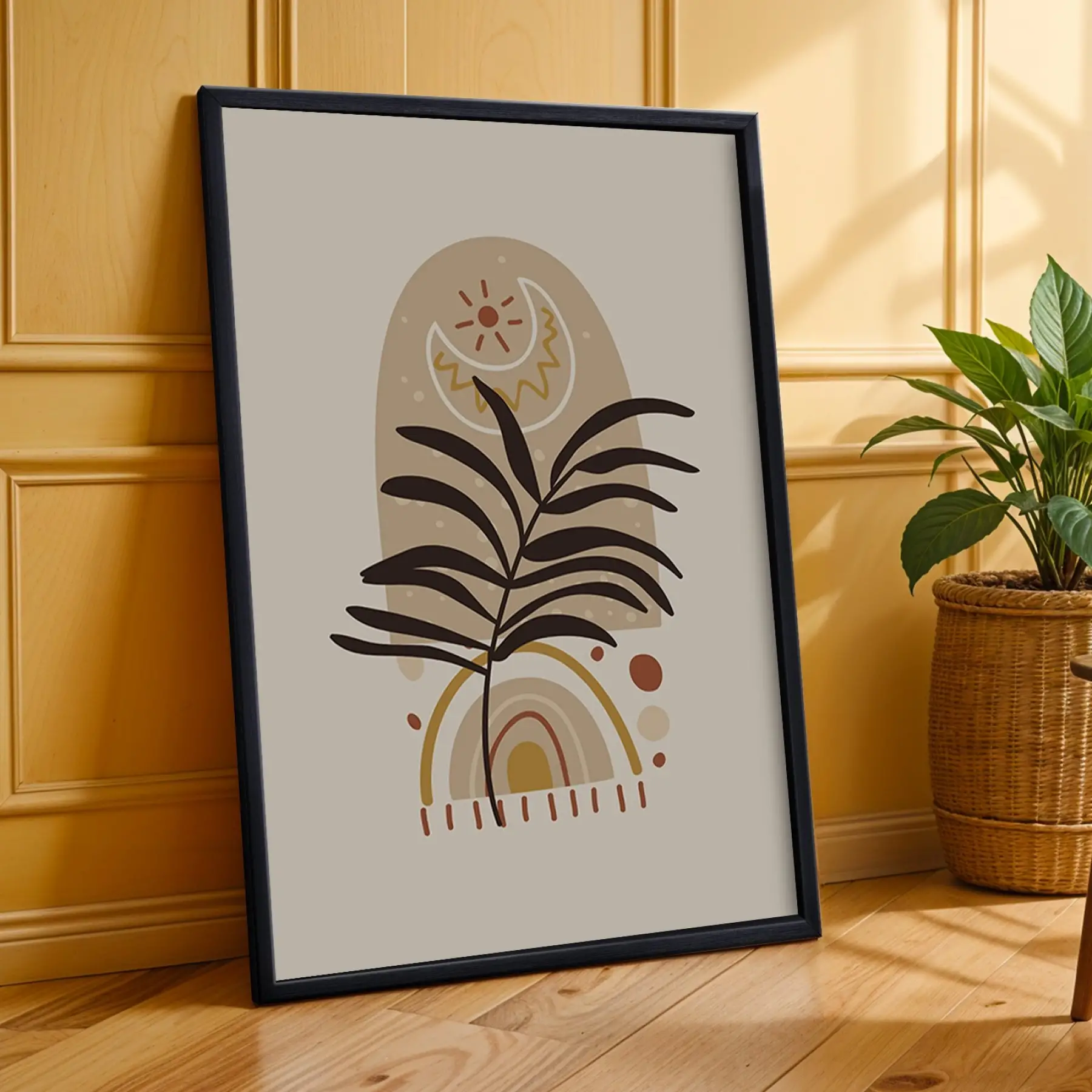 Soyut Toprak Tonları Yapraklar 3lü Siyah Çerçeveli Tablo Seti Salon Duvar Tablo Poster Tablo