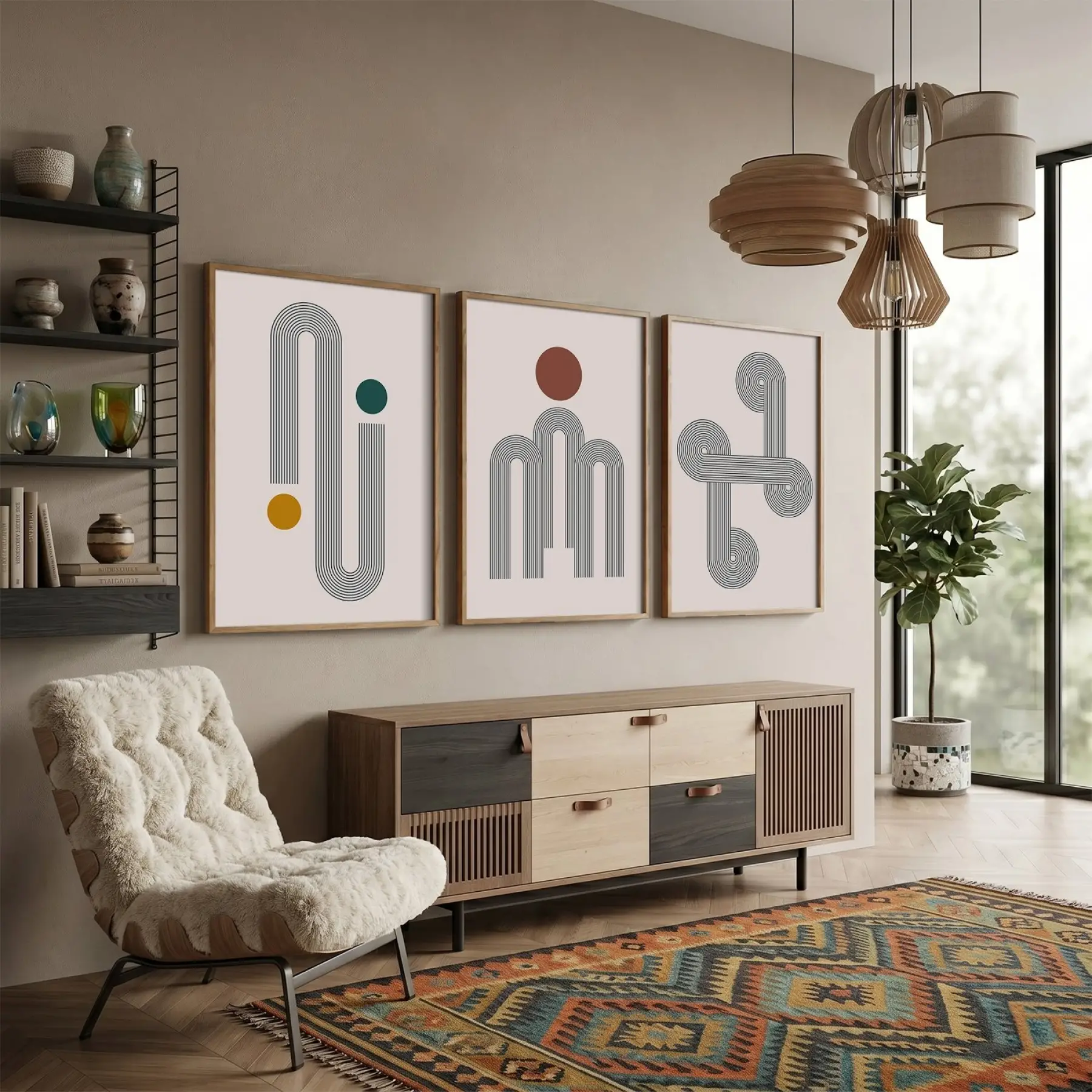 Soyut Kavisli Geometrik Set 3lü Ahşap Çerçeveli Tablo Seti Tablo Çerçeve Salon Duvar Tablo Dekor