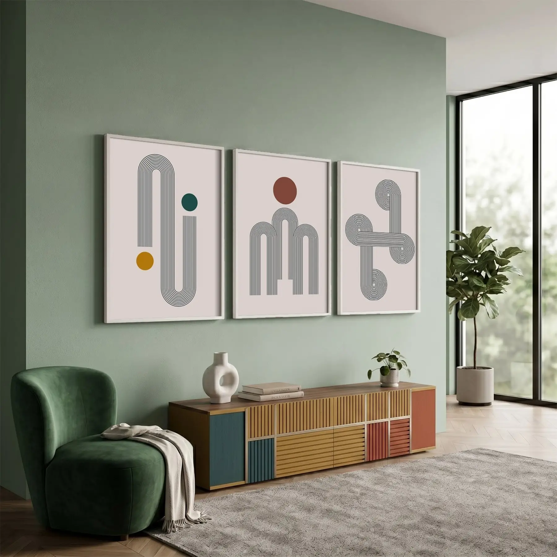 Soyut Kavisli Geometrik Set 3lü Beyaz Çerçeveli Tablo Seti Tablo Çerçeve Duvar Dekoru Ev