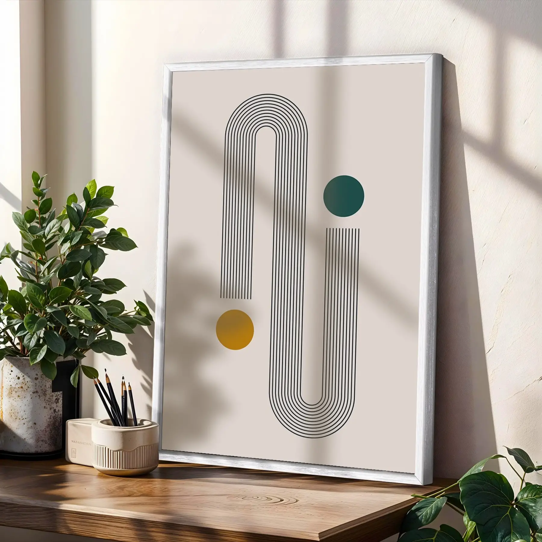 Soyut Kavisli Geometrik Set 3lü Beyaz Çerçeveli Tablo Seti Tablo Çerçeve Duvar Dekoru Ev