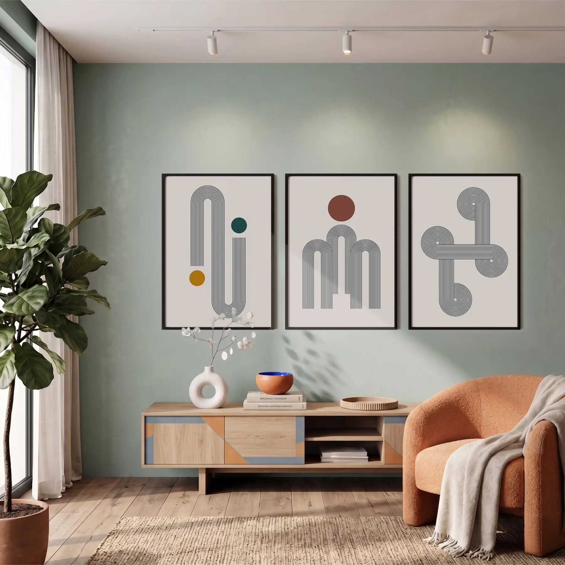 Soyut Kavisli Geometrik Set 3lü Siyah Çerçeveli Tablo Seti Resim Çerçevesi Tablo Salon Aksesuarları
