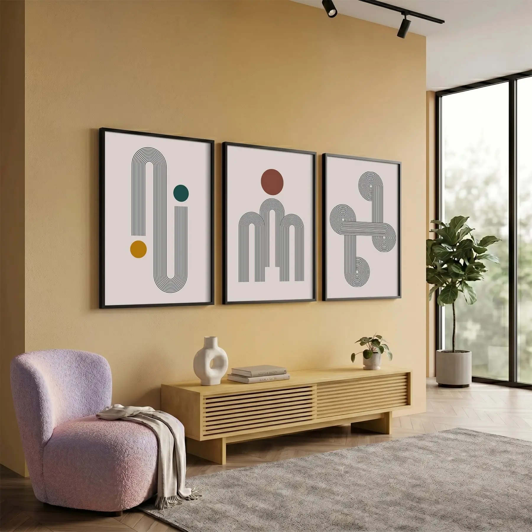 Soyut Kavisli Geometrik Set 3lü Siyah Çerçeveli Tablo Seti Resim Çerçevesi Tablo Salon Aksesuarları