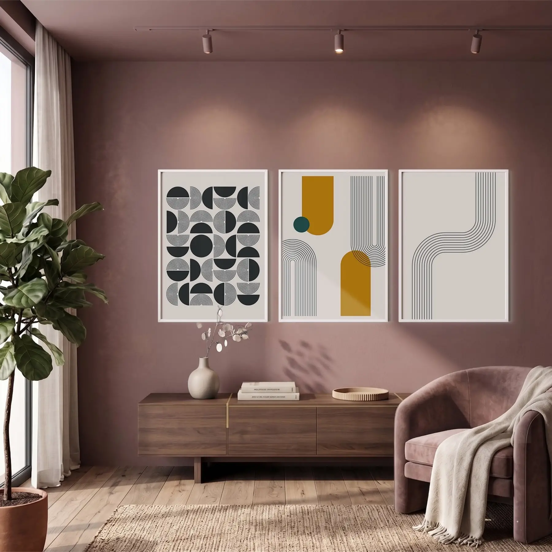 Sarı Teal Geometrik Soyut 3lü Beyaz Çerçeveli Tablo Seti Duvar Tablo Oda Dekorasyonu Dekoratif Obje