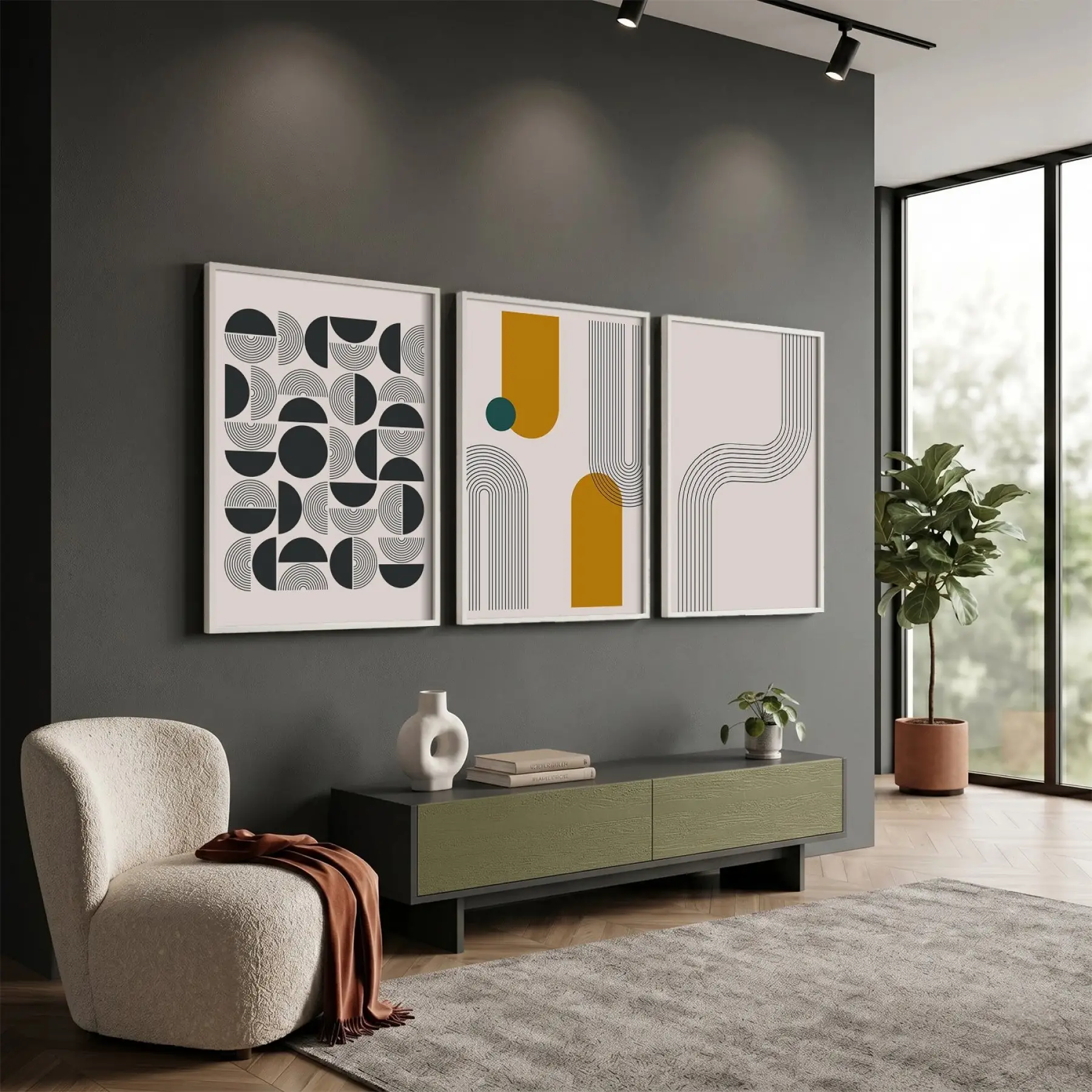 Sarı Teal Geometrik Soyut 3lü Beyaz Çerçeveli Tablo Seti Duvar Tablo Oda Dekorasyonu Dekoratif Obje