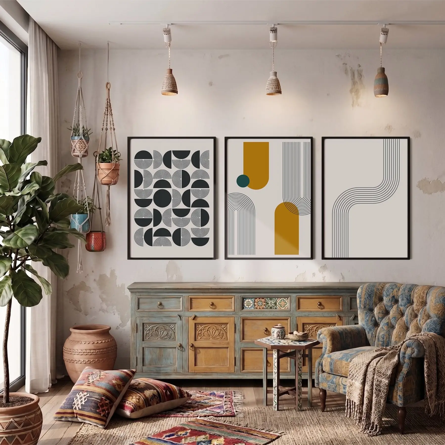 Sarı Teal Geometrik Soyut 3lü Siyah Çerçeveli Tablo Seti Poster Tablo Duvar Tablo Ev Dekorasyonu