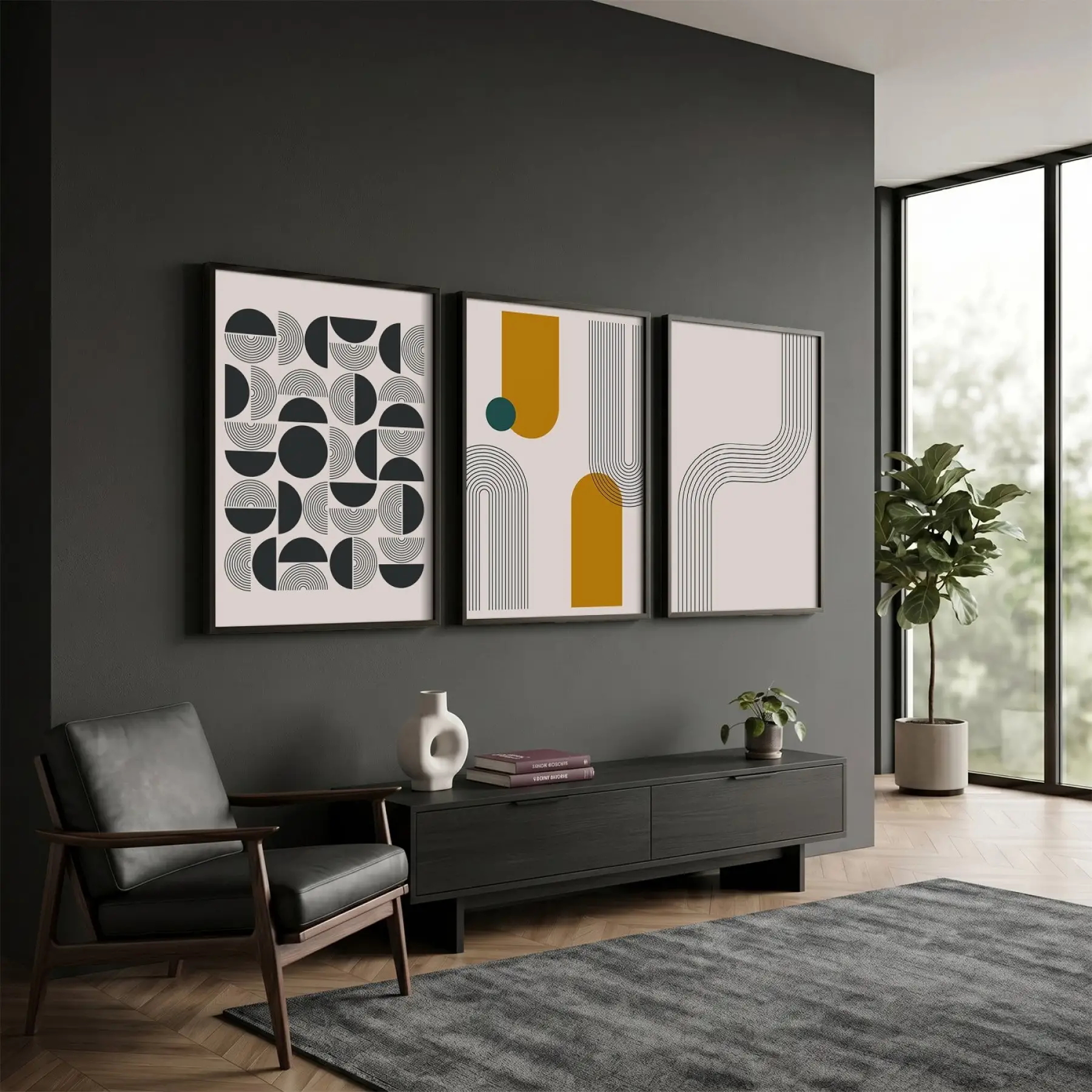 Sarı Teal Geometrik Soyut 3lü Siyah Çerçeveli Tablo Seti Poster Tablo Duvar Tablo Ev Dekorasyonu