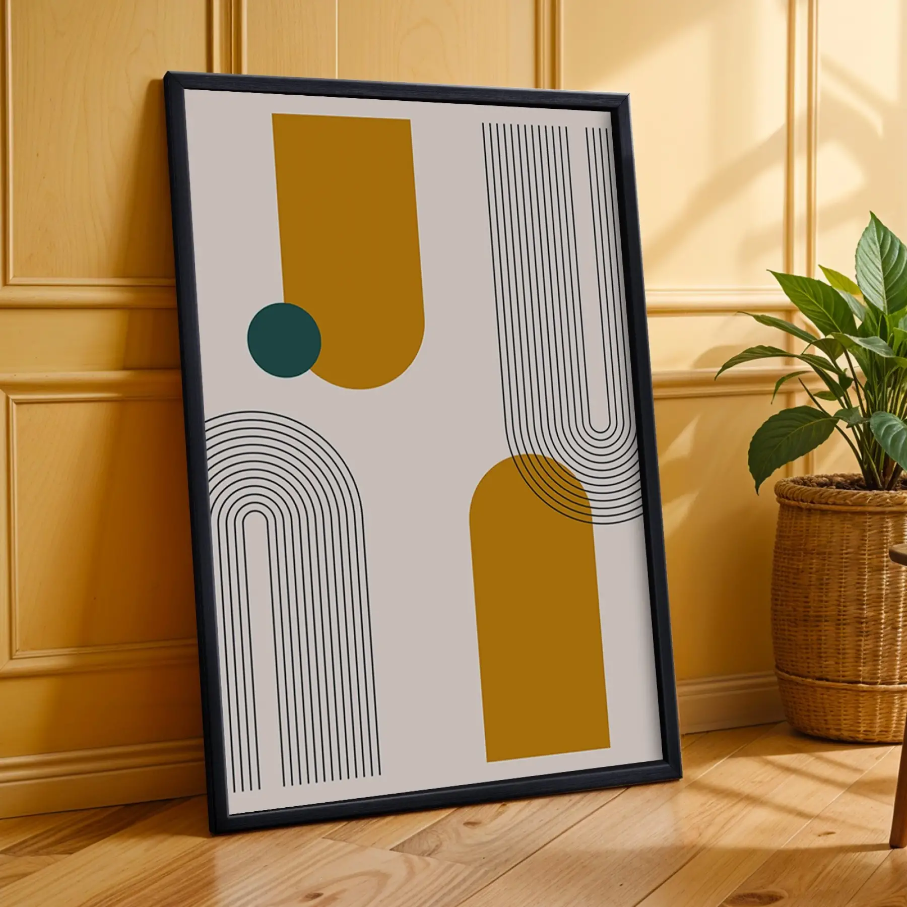 Sarı Teal Geometrik Soyut 3lü Siyah Çerçeveli Tablo Seti Poster Tablo Duvar Tablo Ev Dekorasyonu