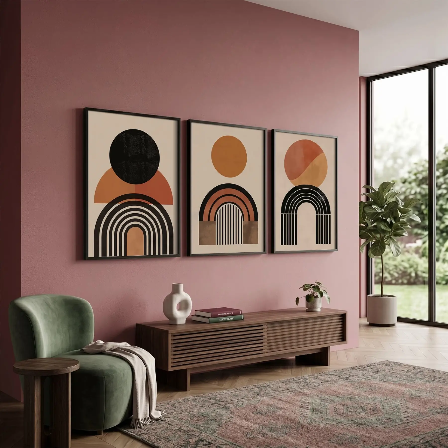 Toprak Tonları Geometrik Hilal Seti 3lü Siyah Çerçeveli Tablo Seti Poster Tablo Duvar Tablo Ev