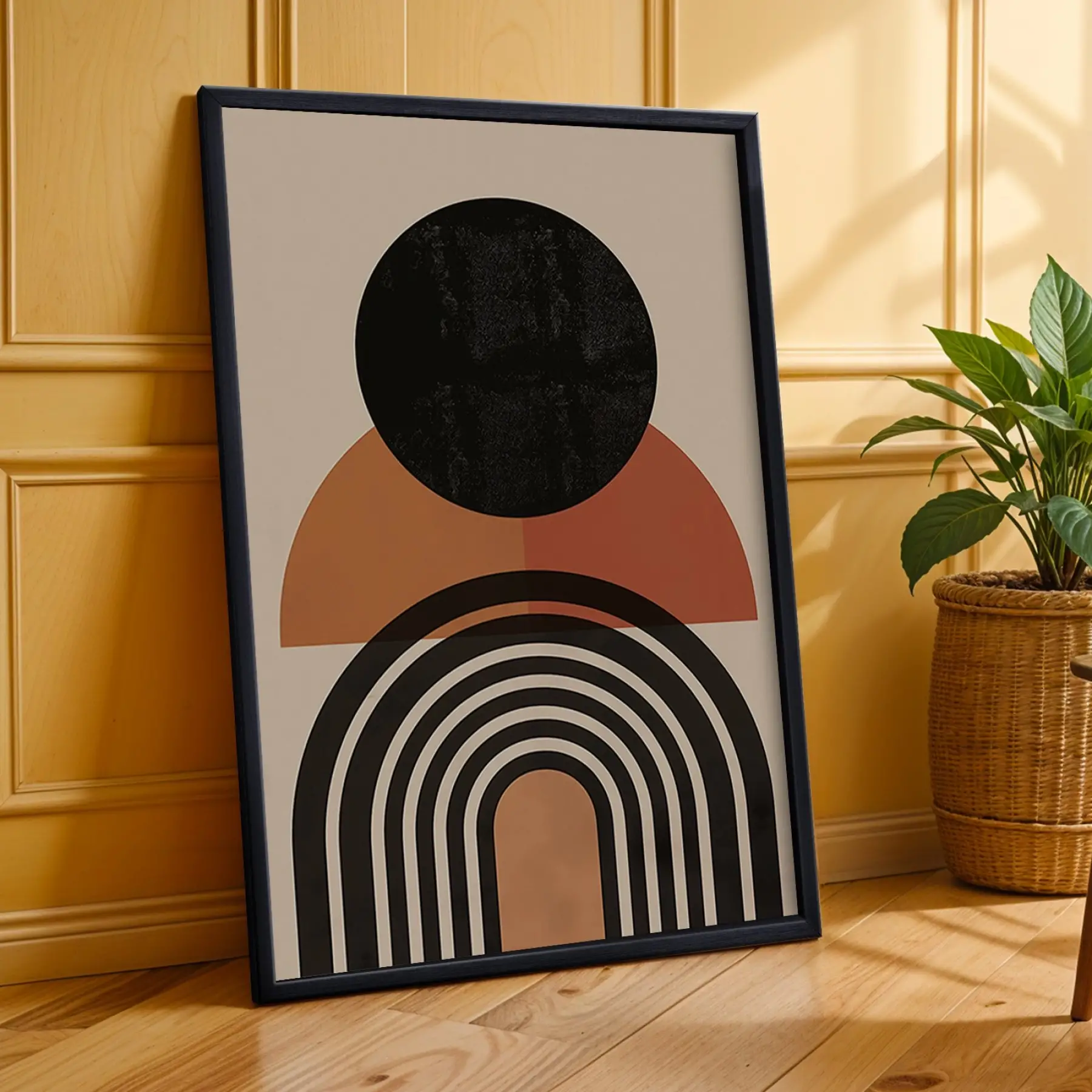 Toprak Tonları Geometrik Hilal Seti 3lü Siyah Çerçeveli Tablo Seti Poster Tablo Duvar Tablo Ev