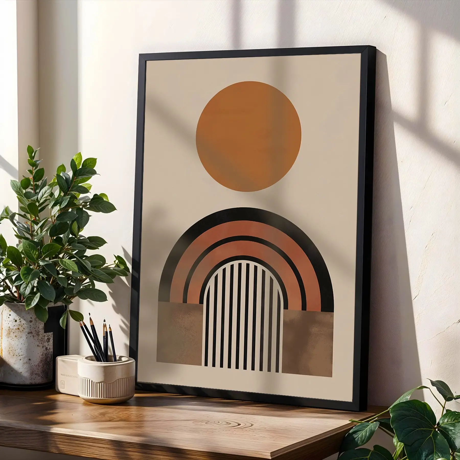 Toprak Tonları Geometrik Hilal Seti 3lü Siyah Çerçeveli Tablo Seti Poster Tablo Duvar Tablo Ev
