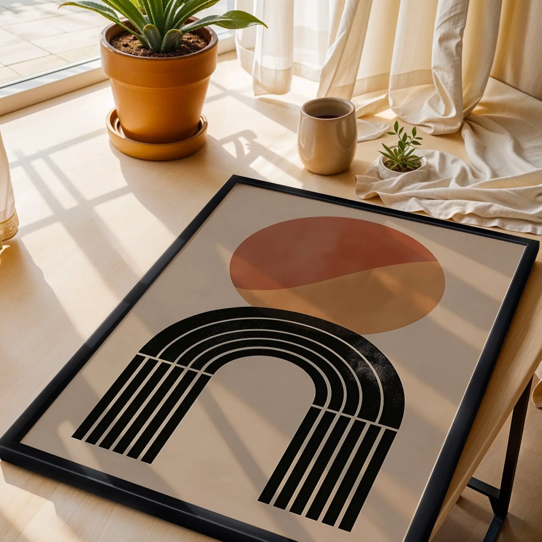 Toprak Tonları Geometrik Hilal Seti 3lü Siyah Çerçeveli Tablo Seti Poster Tablo Duvar Tablo Ev