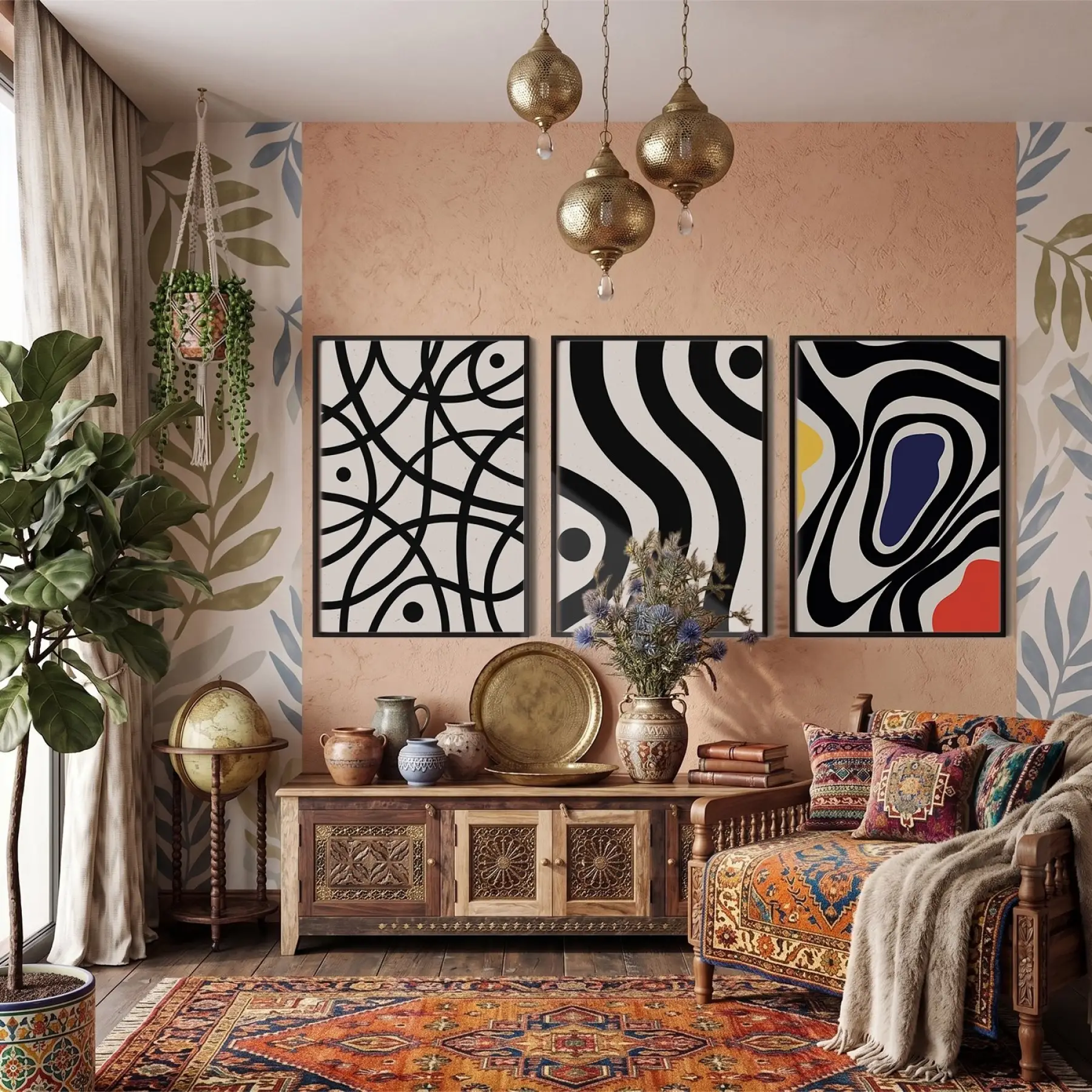 Modern Siyah Beyaz Dalgalar 3lü Siyah Çerçeveli Tablo Seti Duvar Tablo Oda Dekorasyonu Salon
