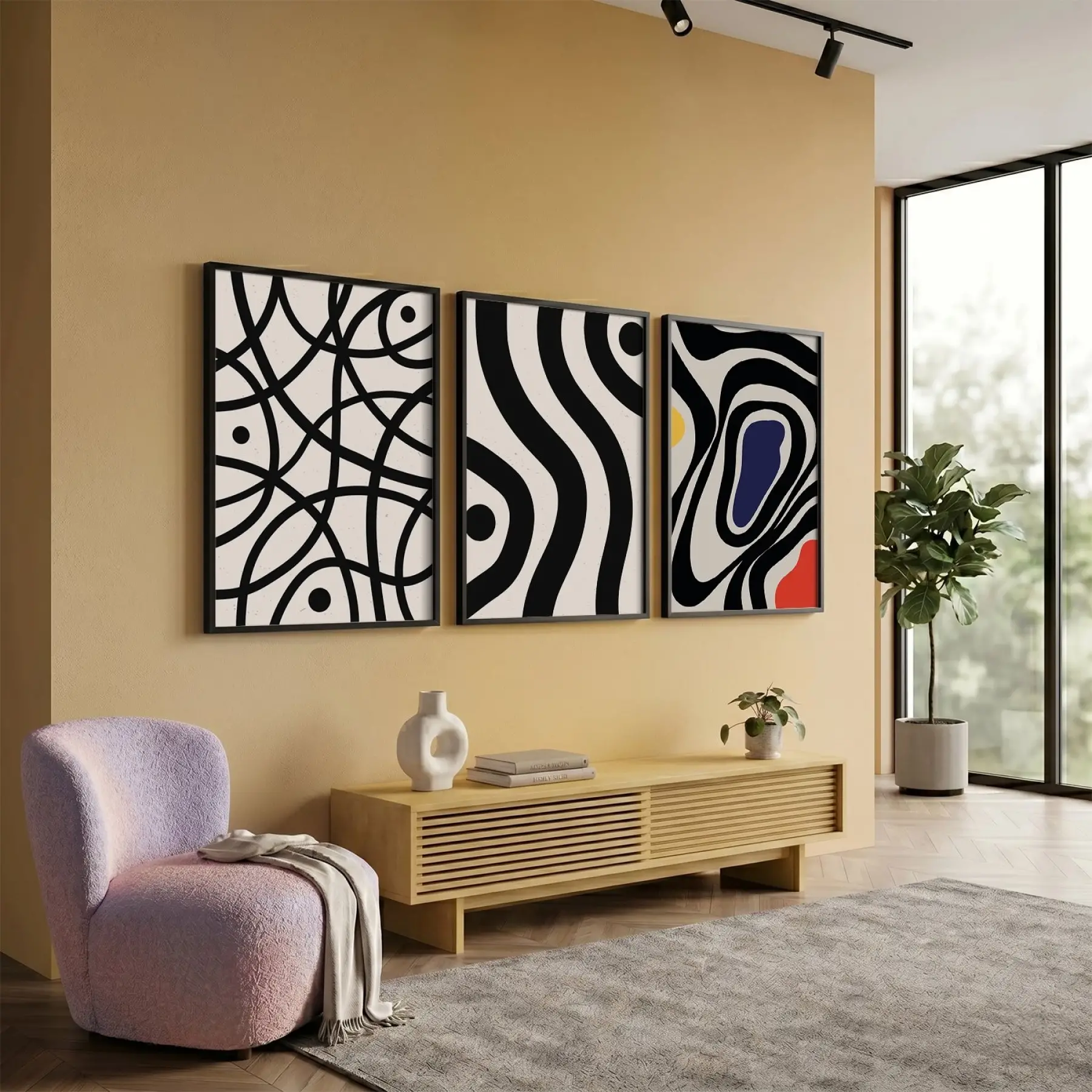 Modern Siyah Beyaz Dalgalar 3lü Siyah Çerçeveli Tablo Seti Duvar Tablo Oda Dekorasyonu Salon