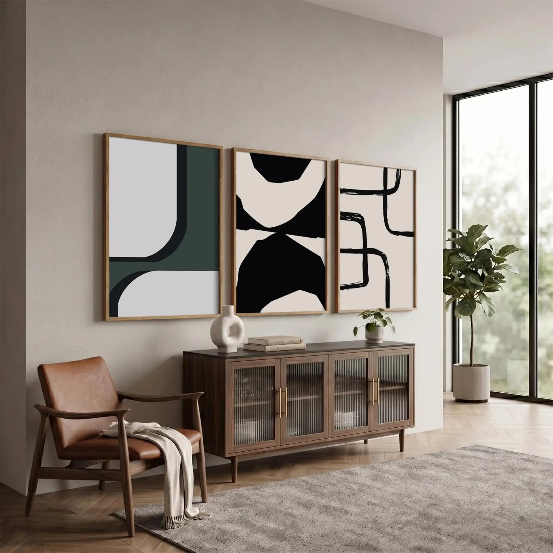 Modern Füme Soyut Kompozisyon 3lü Ahşap Çerçeveli Tablo Seti Salon Duvar Tablo Poster Tablo