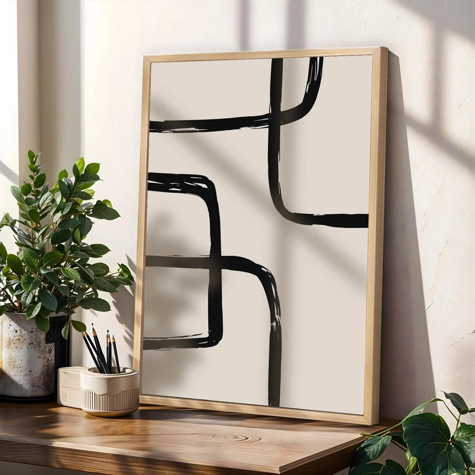 Modern Füme Soyut Kompozisyon 3lü Ahşap Çerçeveli Tablo Seti Salon Duvar Tablo Poster Tablo