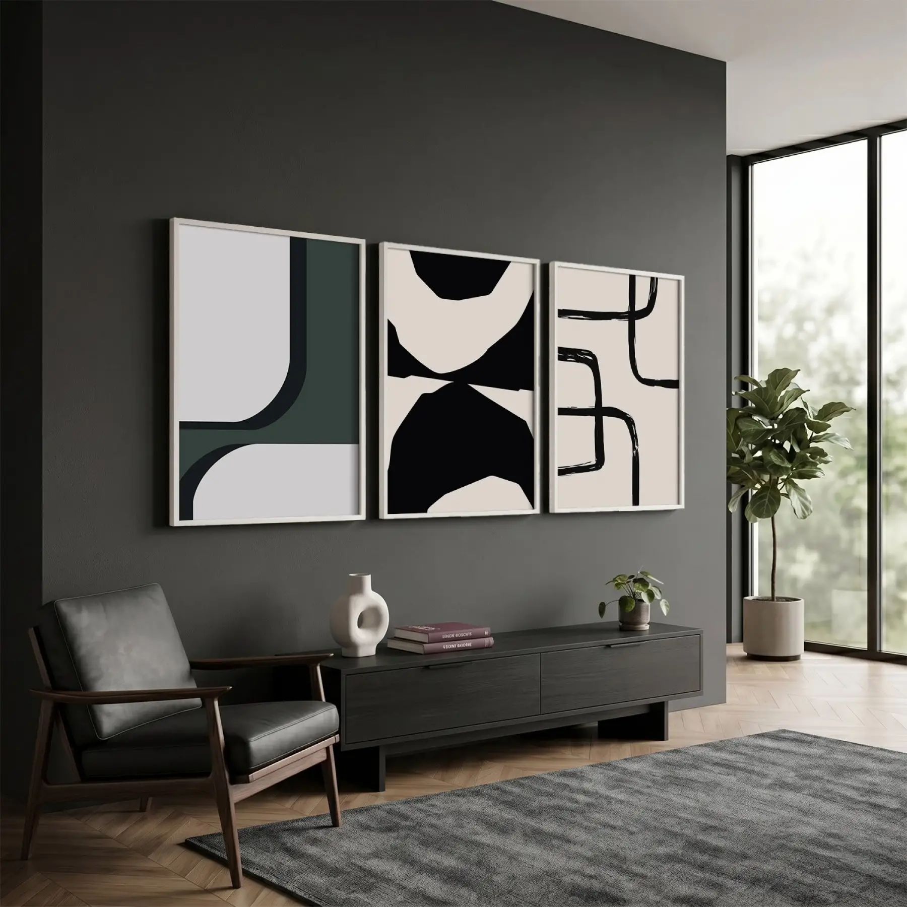 Modern Füme Soyut Kompozisyon 3lü Beyaz Çerçeveli Tablo Seti Poster Tablo Resim Çerçevesi Dekoratif